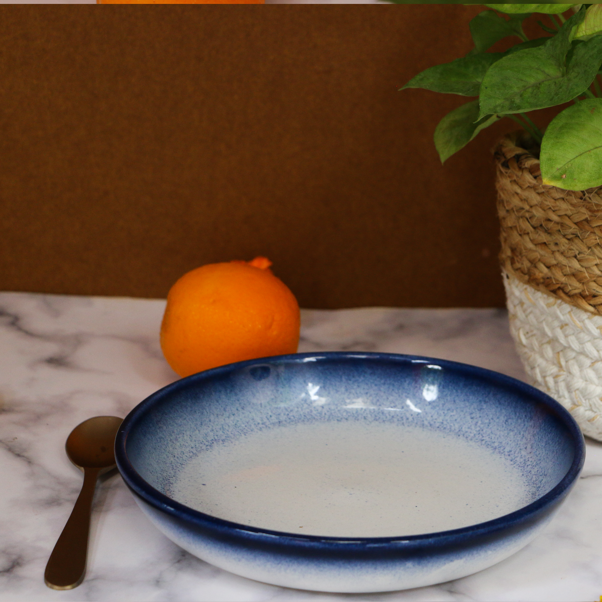 AMBI Heavy Stoneware Blue Deep Plate 8.5 inches I Microwave safe | Ideal for Gifting | Salad Plate | kitchadi Plate | Serving Plate