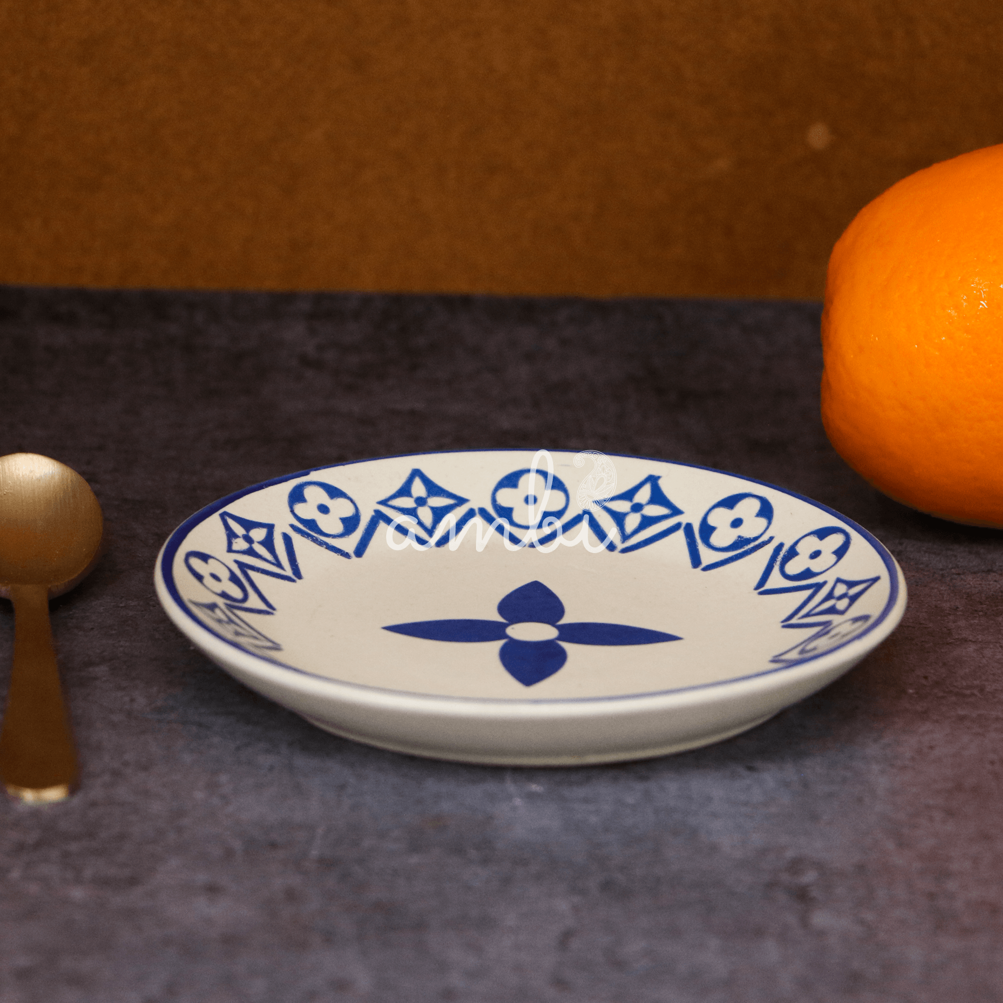 Ambi Heavy Stoneware Blue Decal Small Snack Plate 5 inches Set of 2