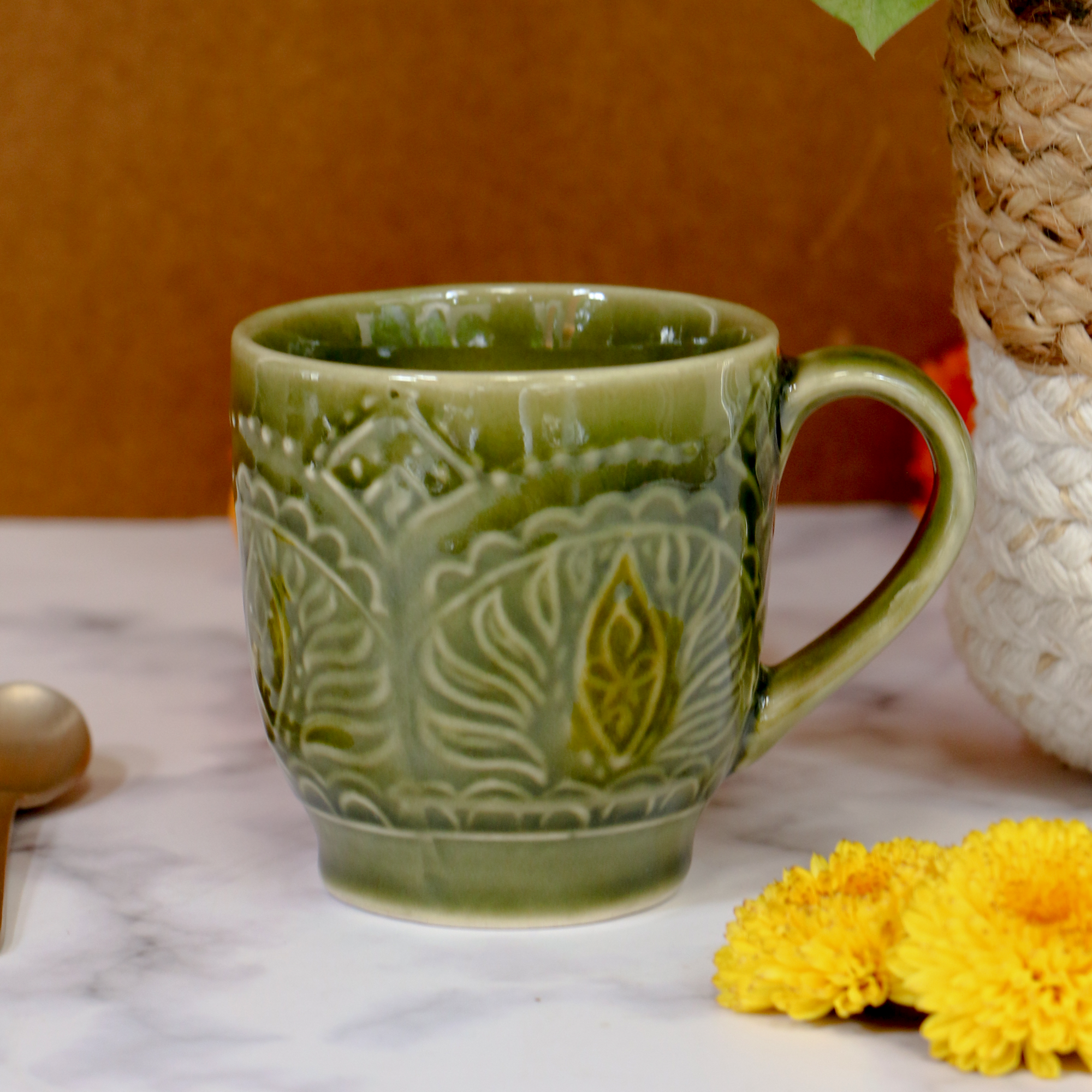 Ambi Stoneware Glazed Green Coffee Mugs 250 ml | Set of 2