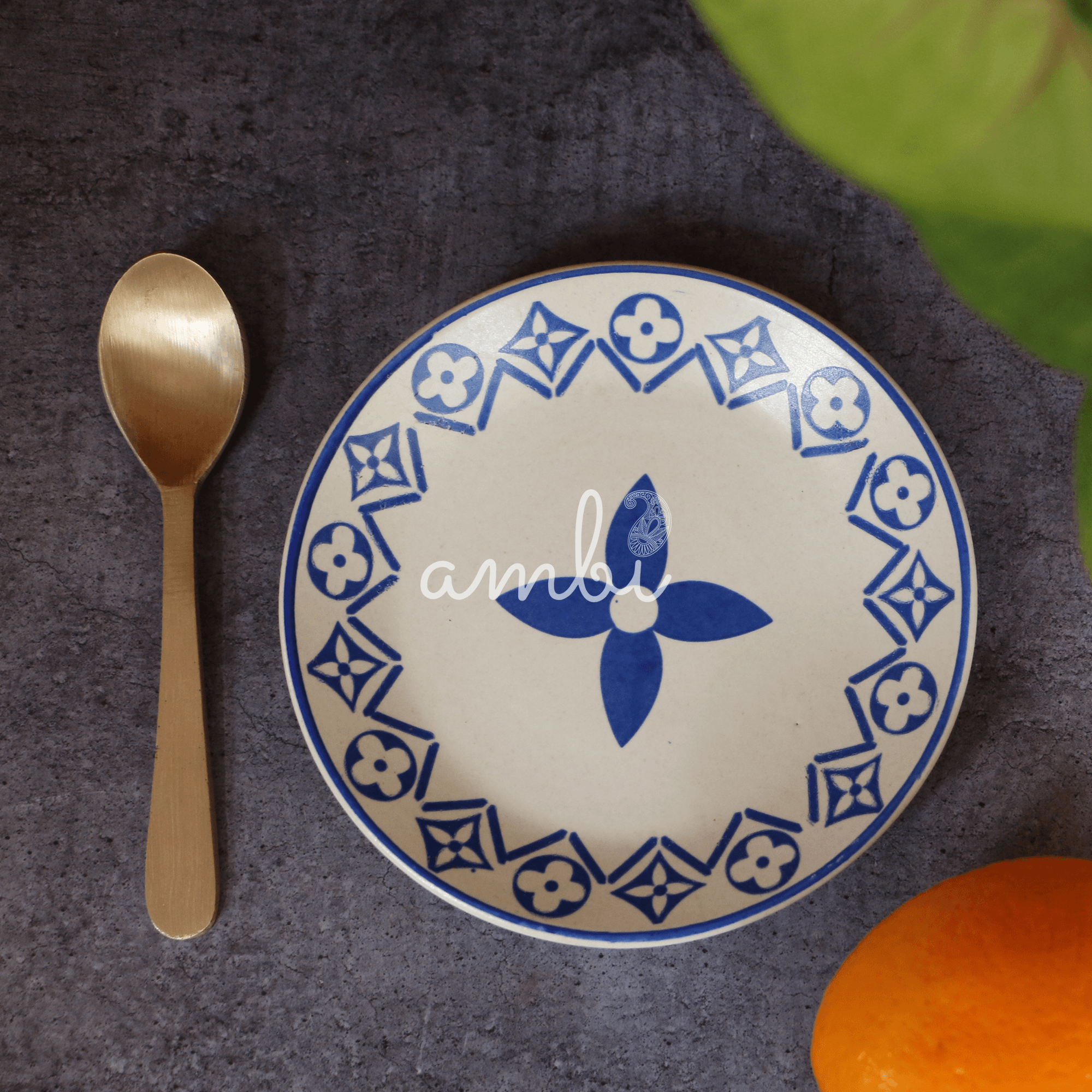 Ambi Heavy Stoneware Blue Decal Small Snack Plate 5 inches Set of 2