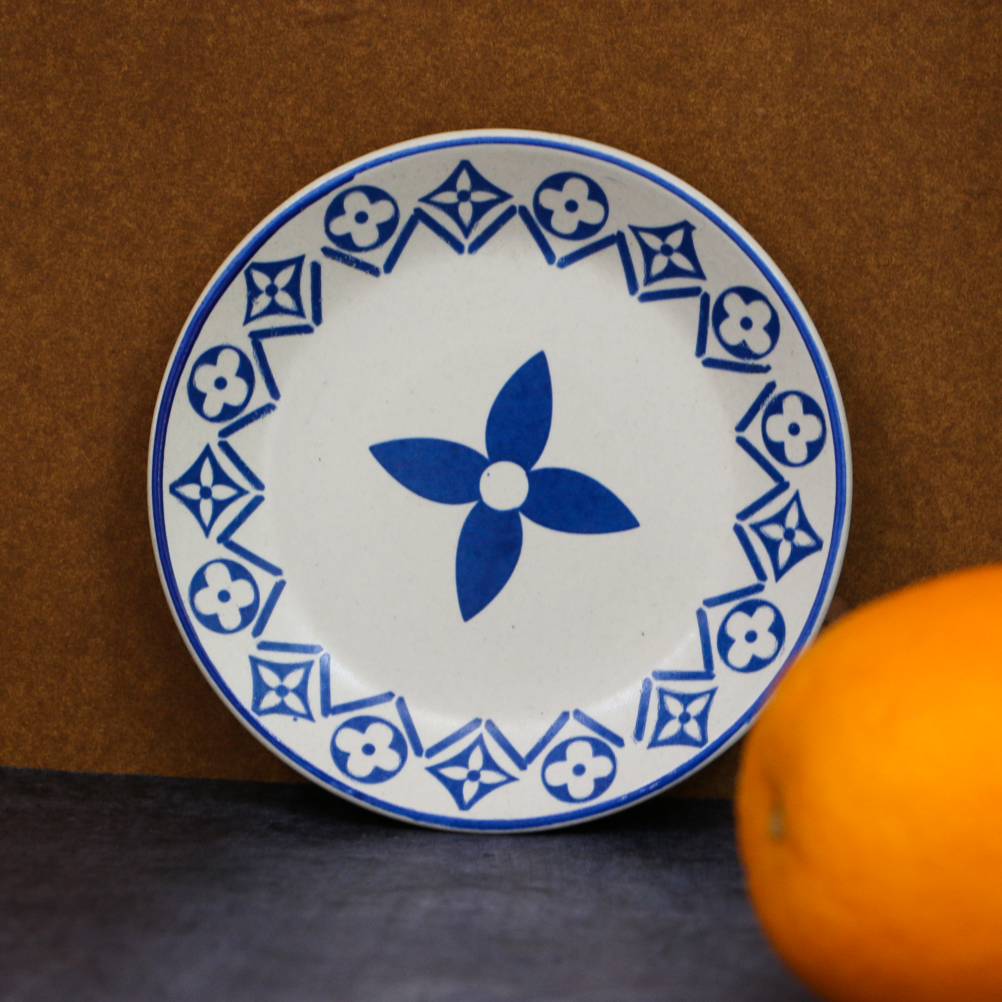 Ambi Heavy Stoneware Blue Decal Small Snack Plate 5 inches Set of 2