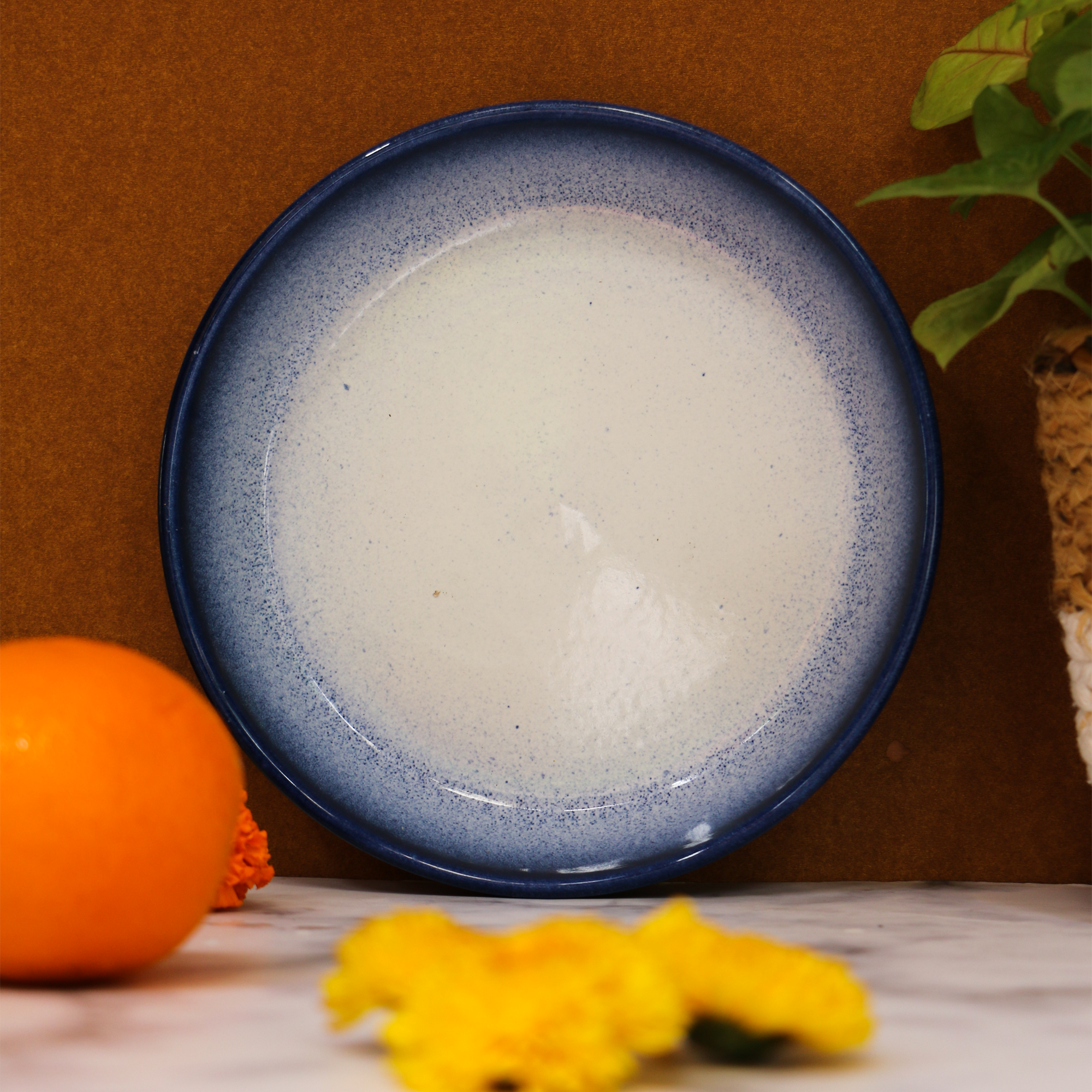 AMBI Heavy Stoneware Blue Deep Plate 8.5 inches I Microwave safe | Ideal for Gifting | Salad Plate | kitchadi Plate | Serving Plate