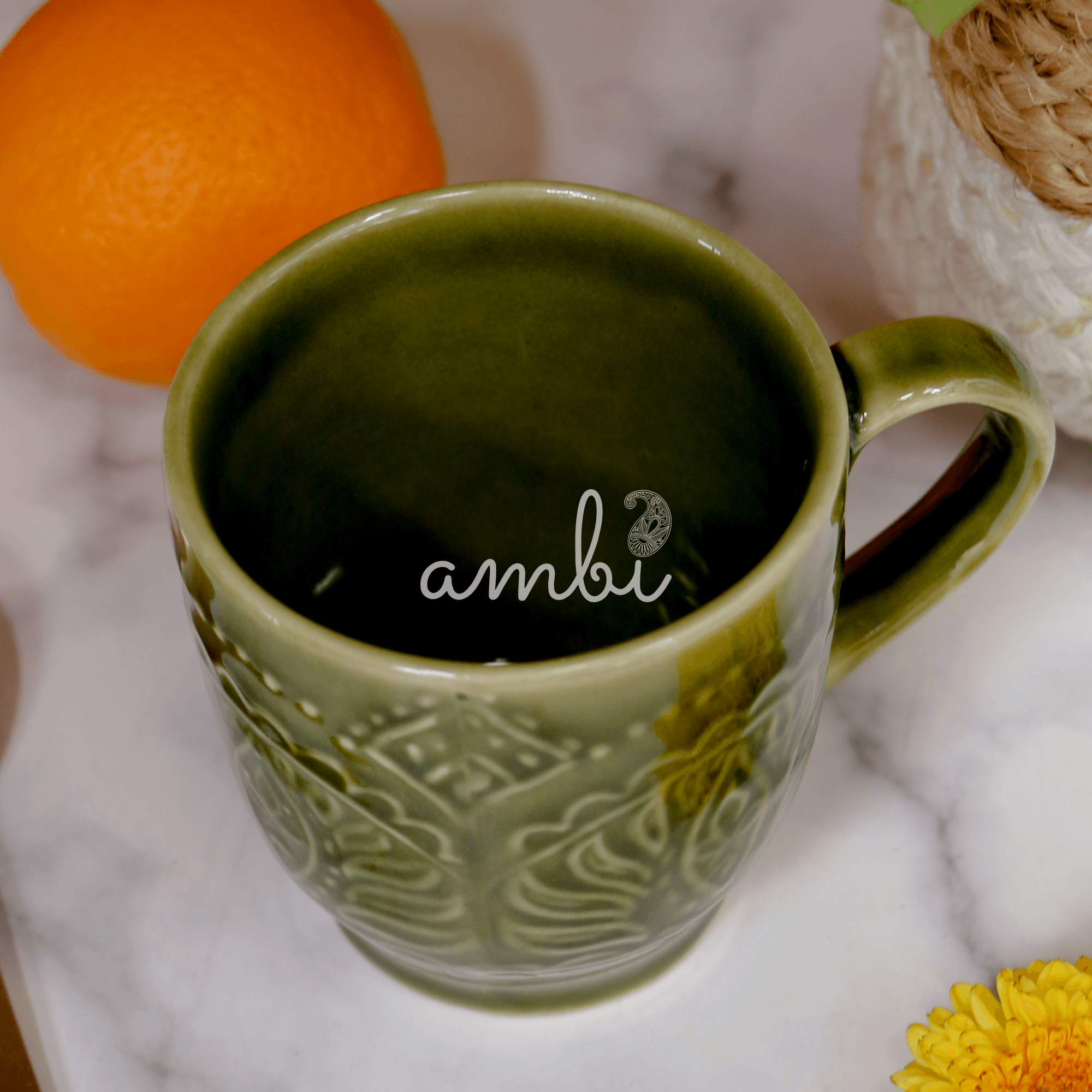 Ambi Stoneware Glazed Green Coffee Mugs 250 ml | Set of 2