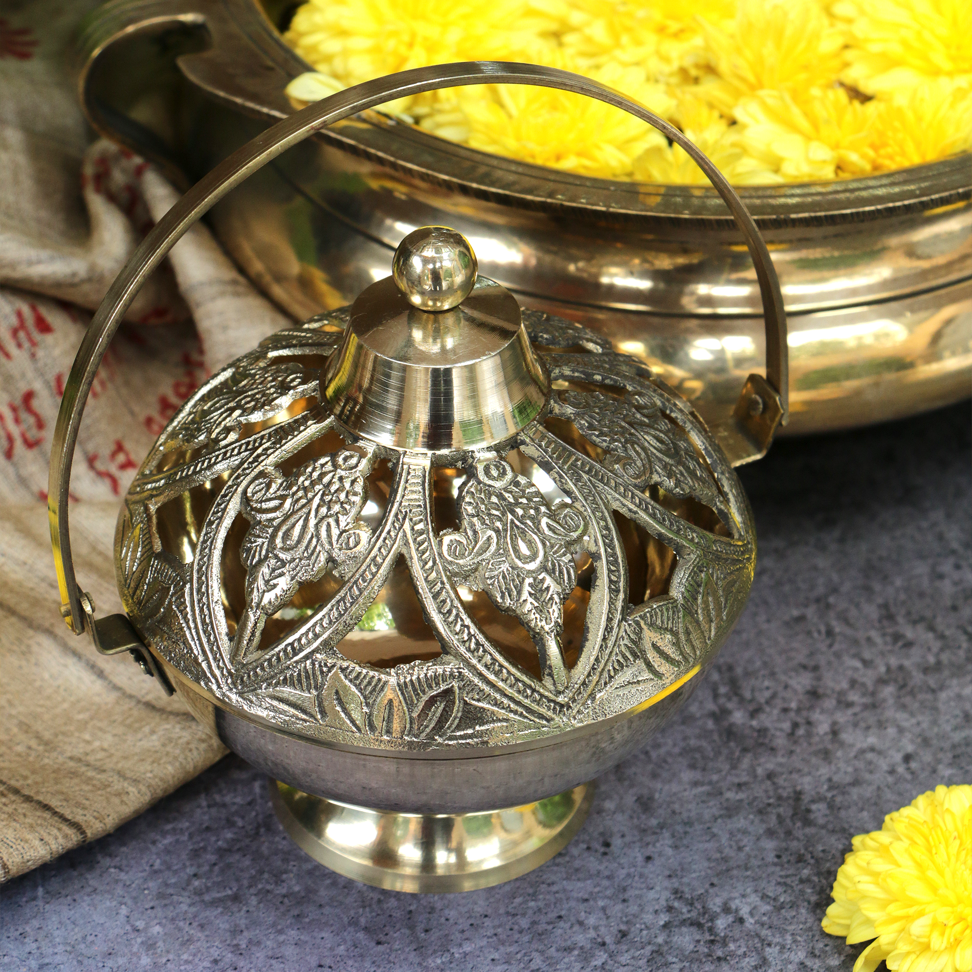 Kamandalam Brass Dhuni Loban Sambrani Incense Burner with Hanging Arm- A Masterpiece