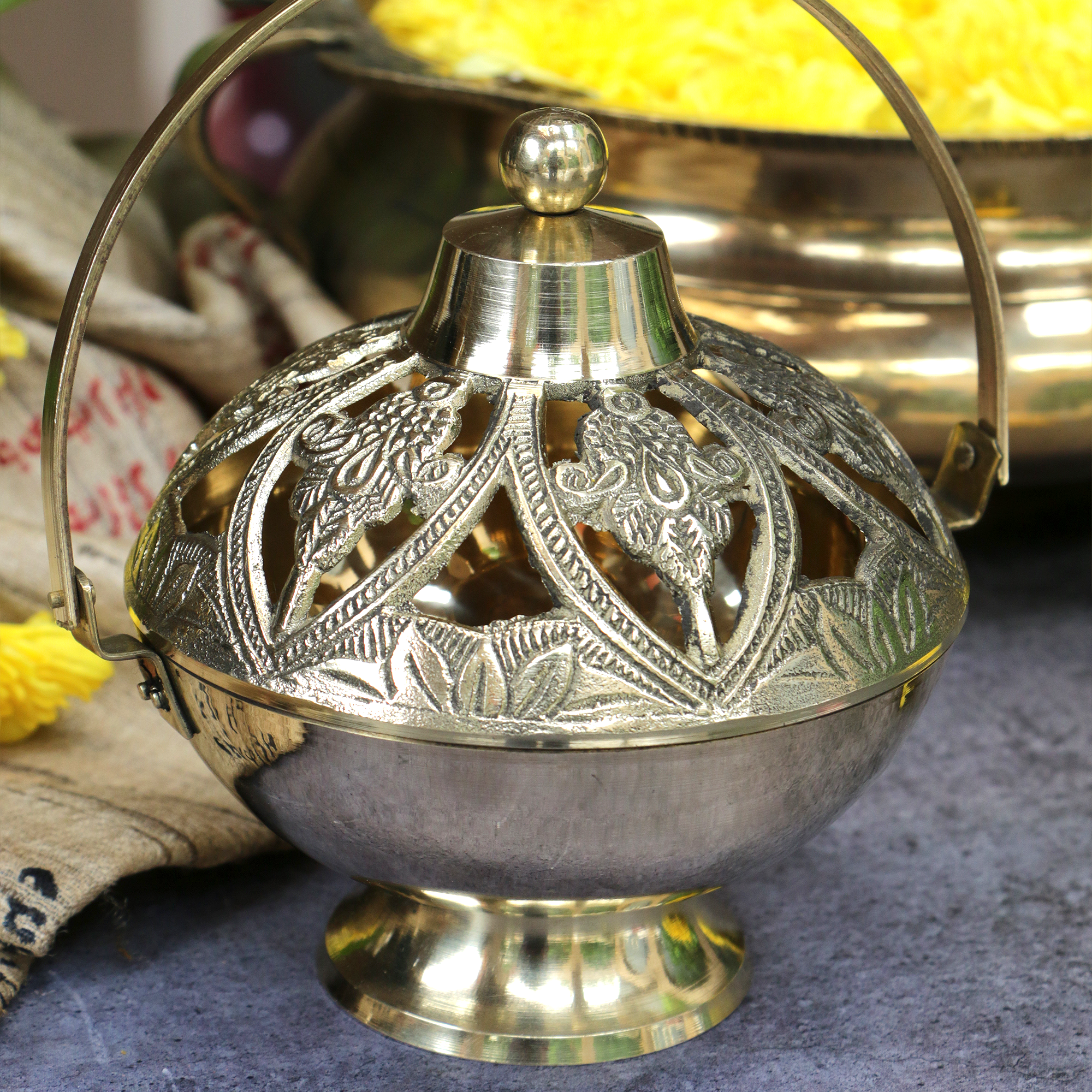 Kamandalam Brass Dhuni Loban Sambrani Incense Burner with Hanging Arm- A Masterpiece