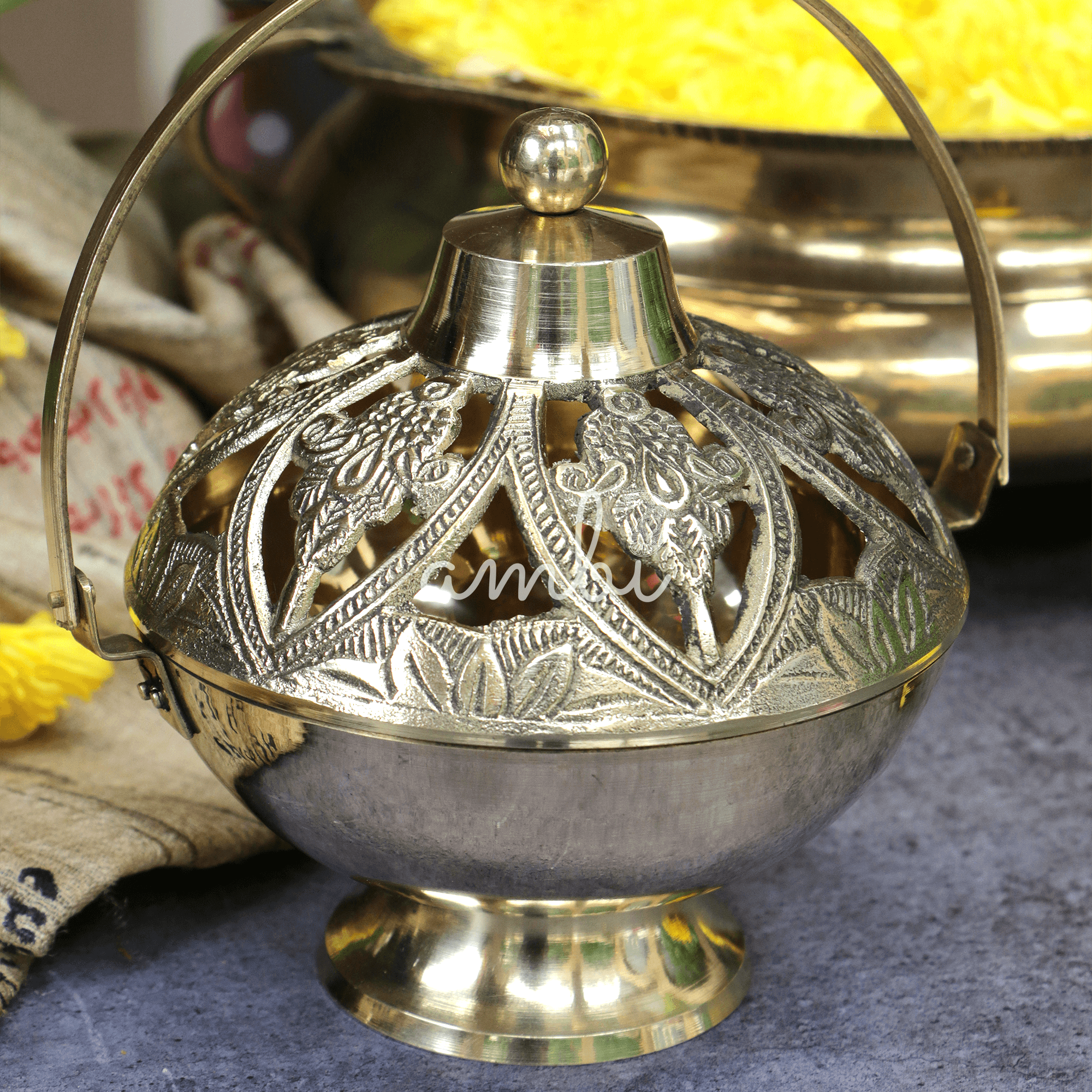 Kamandalam Brass Dhuni Loban Sambrani Incense Burner with Hanging Arm- A Masterpiece