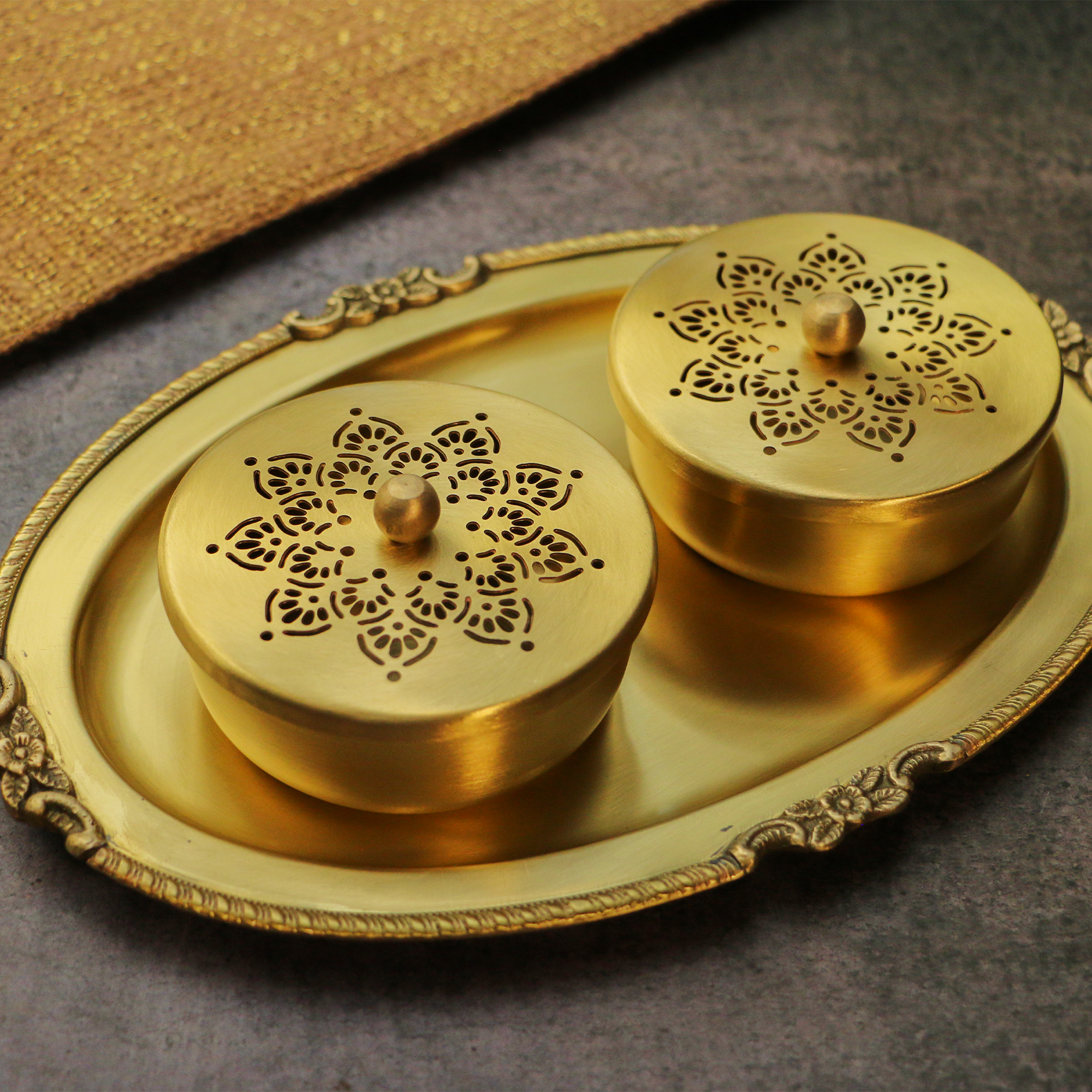 Brass Inlay Spice / Nut Storage Boxes - 3.5 inches with Serving Tray - 3 pcs set - Star Design