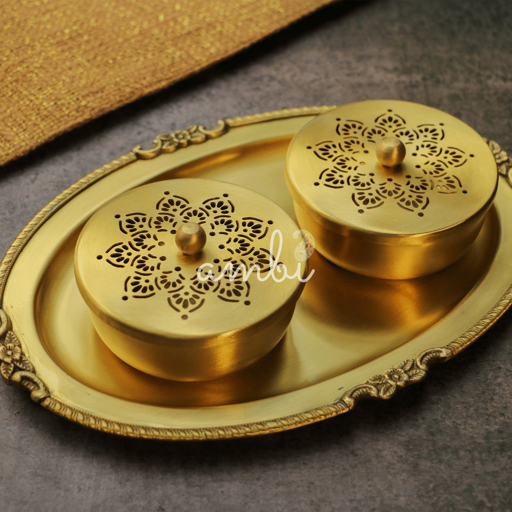 Brass Inlay Spice / Nut Storage Boxes - 3.5 inches with Serving Tray - 3 pcs set - Star Design