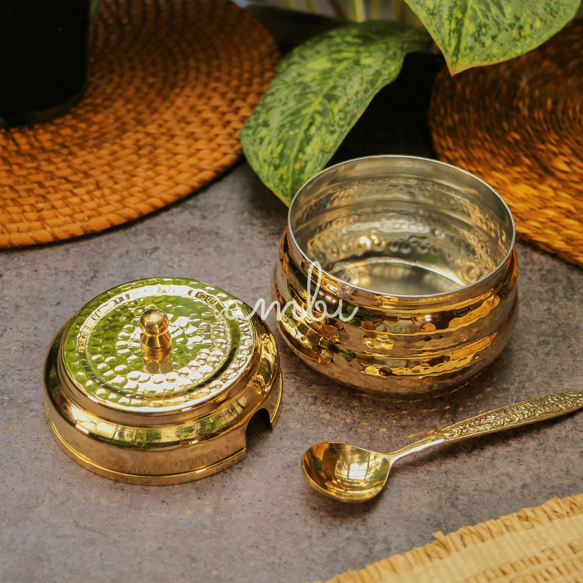 Pure Brass Ghee Pot (Matte) With Spoon - Hammered Gold Finish - Protective Tin Coating Inside - 350 ML