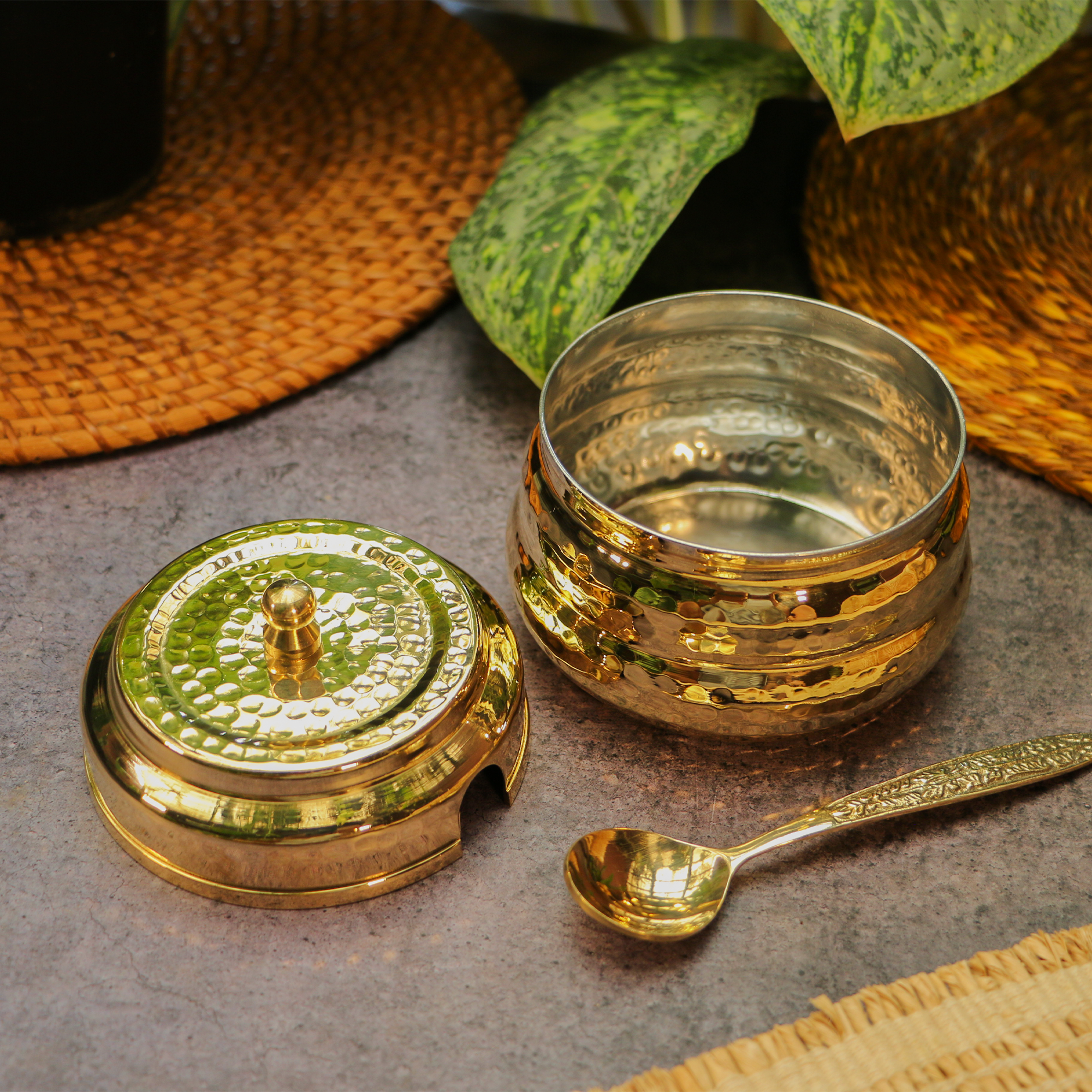 Pure Brass Ghee Pot (Matte) With Spoon - Hammered Gold Finish - Protective Tin Coating Inside - 350 ML
