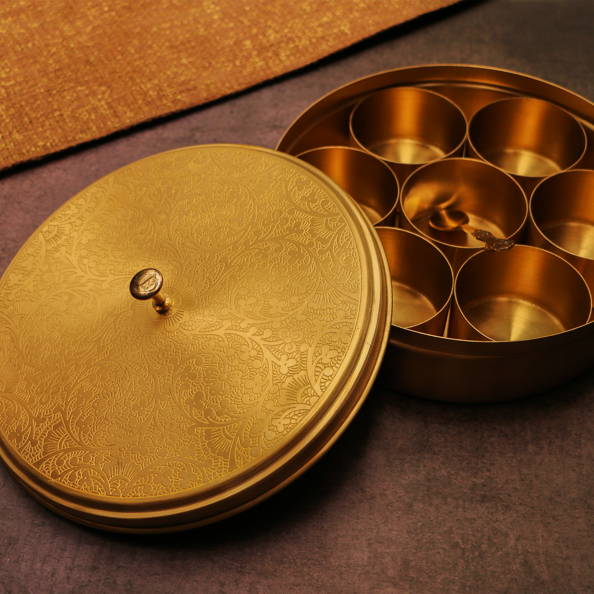 Intricately Etched Brass Spice Chest Masala Daani (7 Containers) - Medium