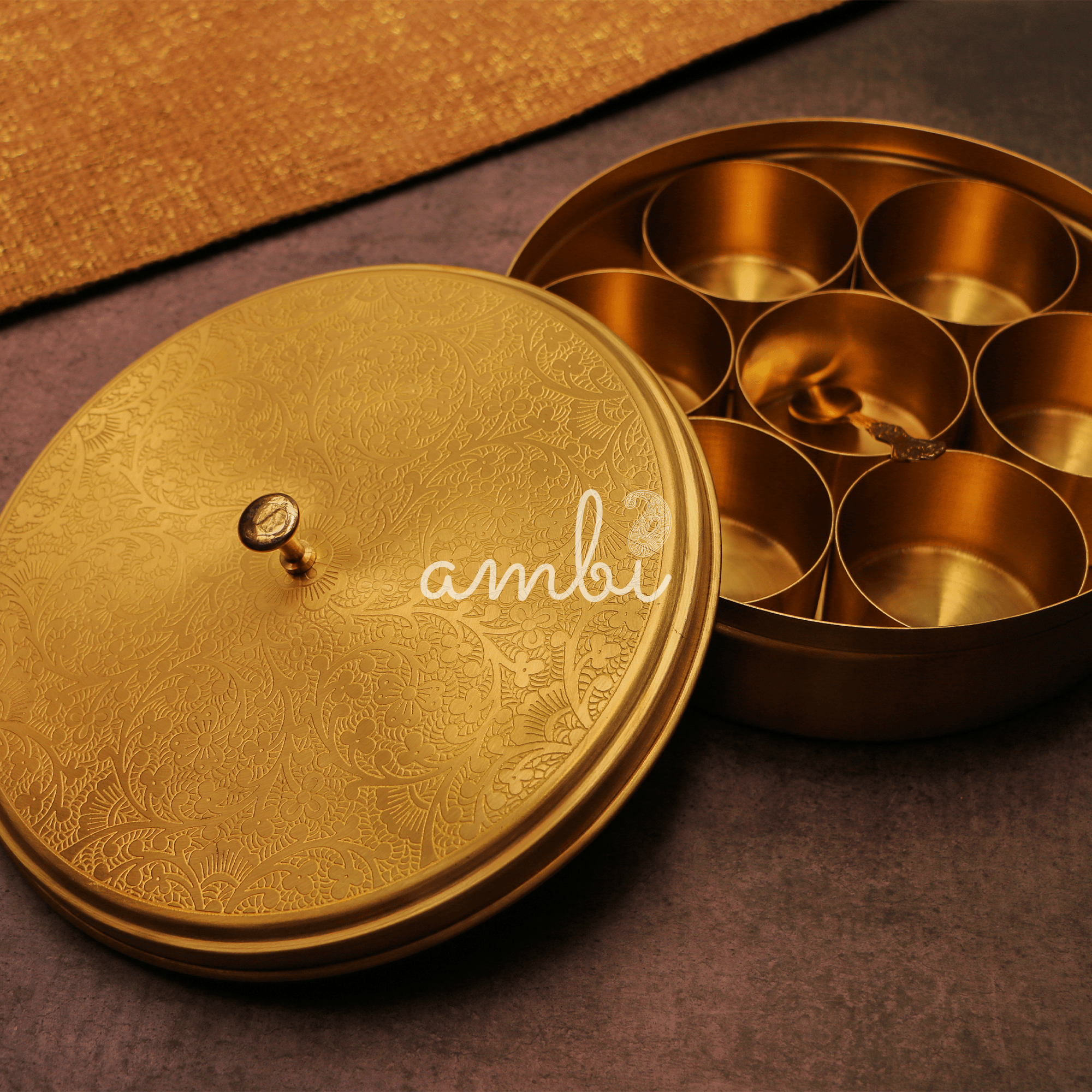 Intricately Etched Brass Spice Chest Masala Daani (7 Containers) - Medium