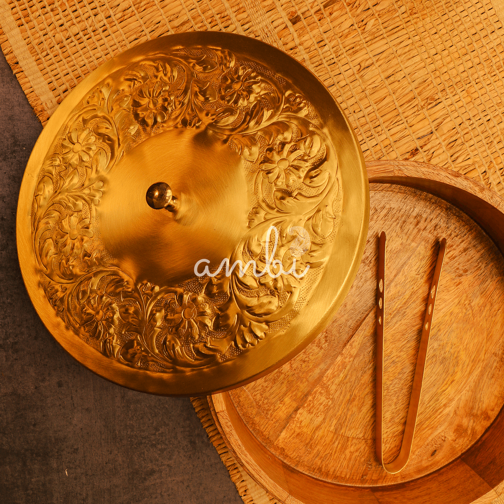 Heavy Brass Work Chapati / Roti Box - 9.5 Inches Diameter with Tongs - Gold Finish