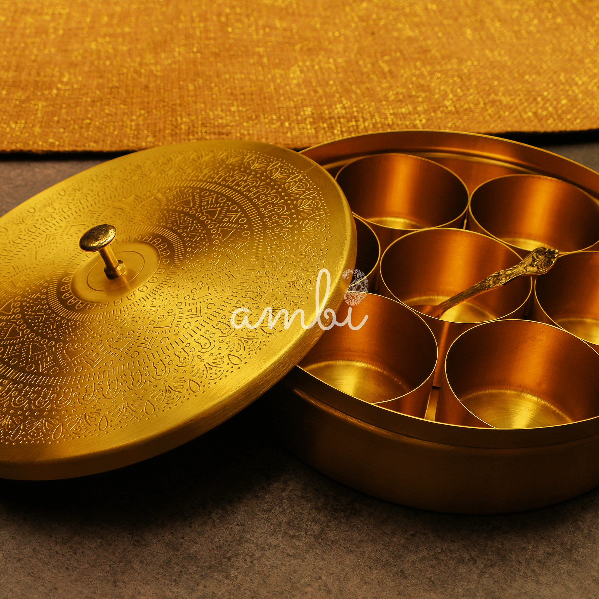 Finely Etched Brass Spice Chest Masala Daani (7 Containers) - Mandala Pattern - 8.3 Inche
