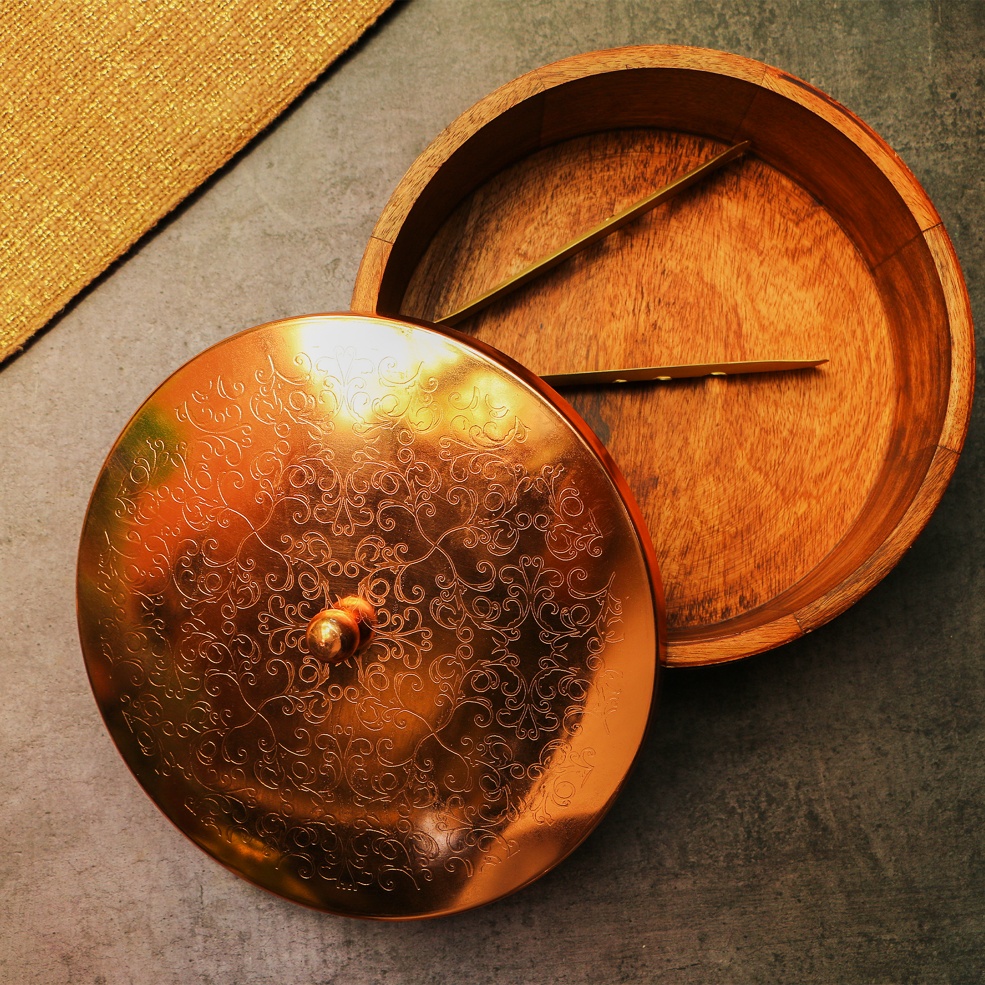 Finely Engraved Chapati / Roti Box - 9 Inches Diameter with Tongs - Copper Shade