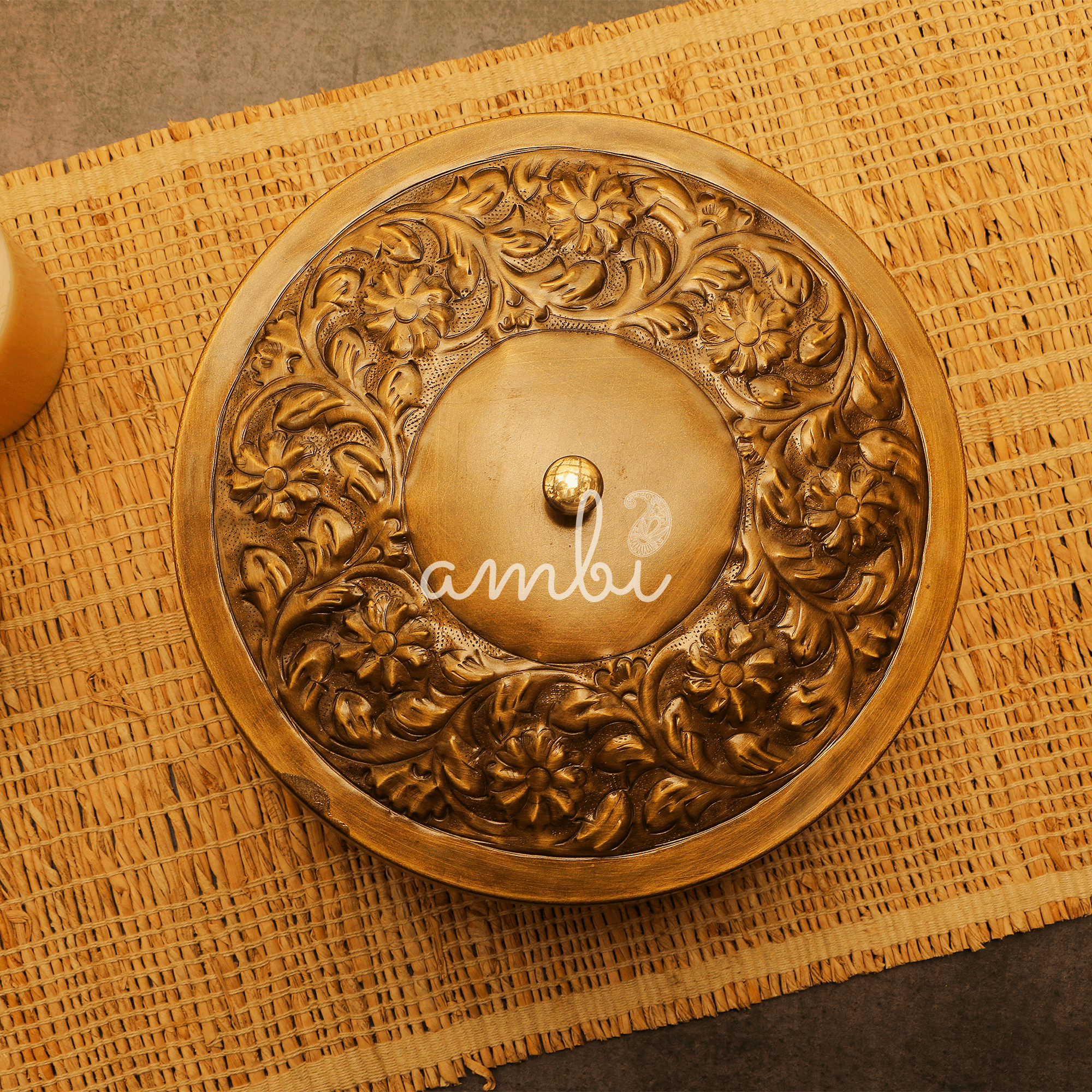 Heavy Brass Work Chapati / Roti Box - 9.5 Inches Diameter with Tongs - Antique Finish