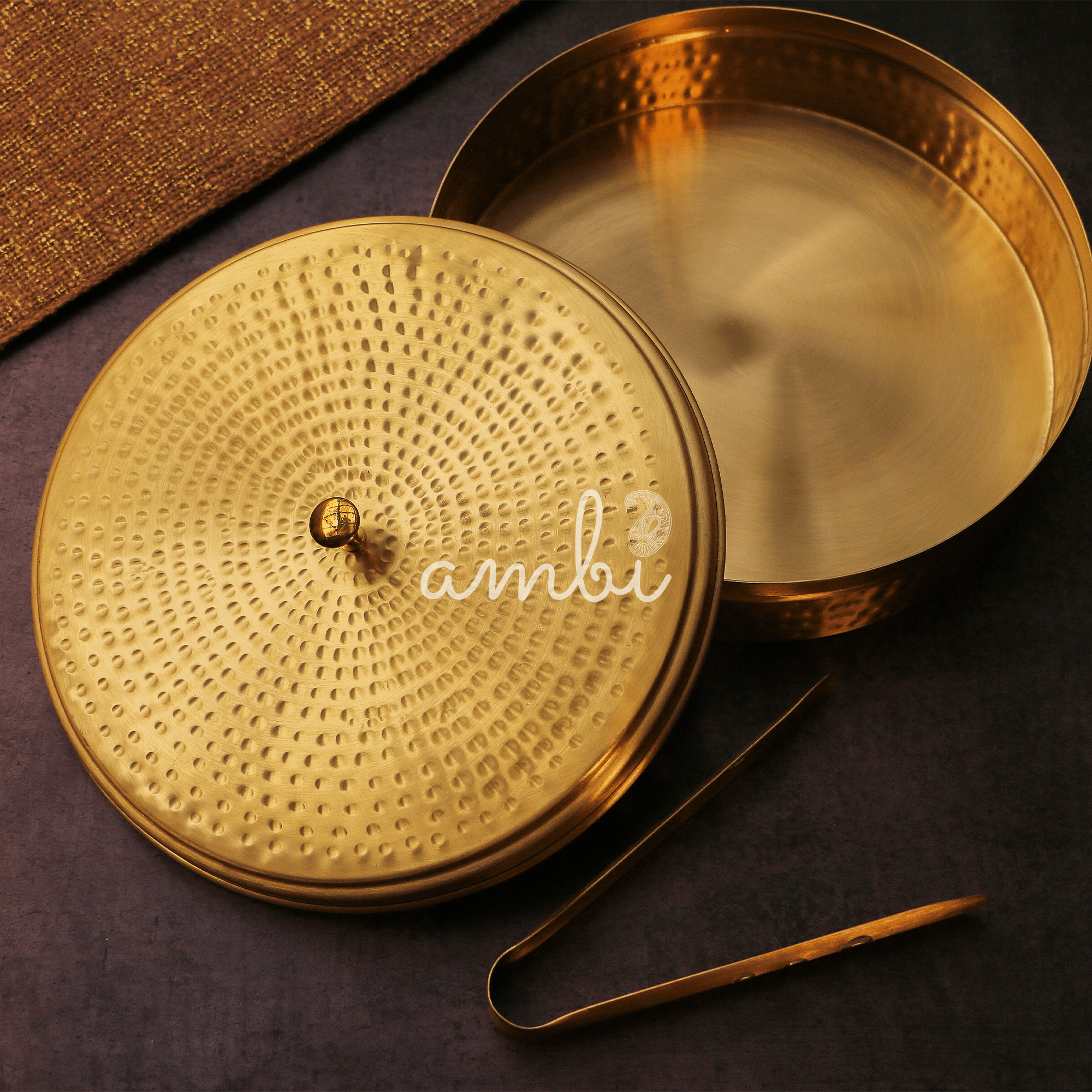 Full Brass Hammered Chapati / Roti Box - 9 Inches Diameter with Tongs