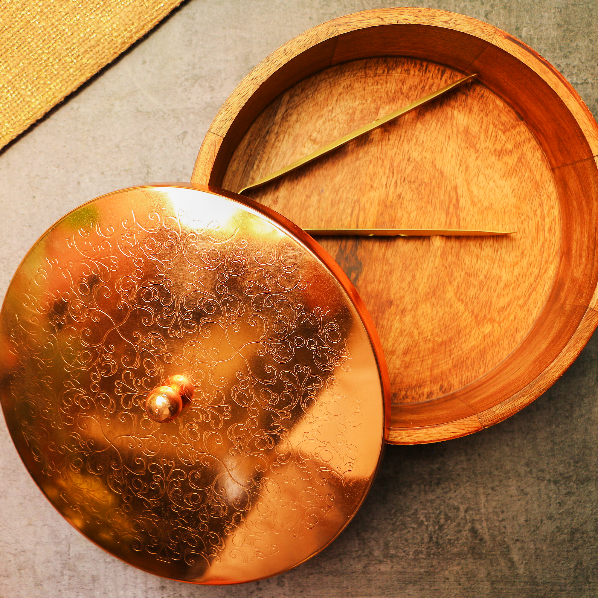 Finely Engraved Chapati / Roti Box - 9 Inches Diameter with Tongs - Copper Shade