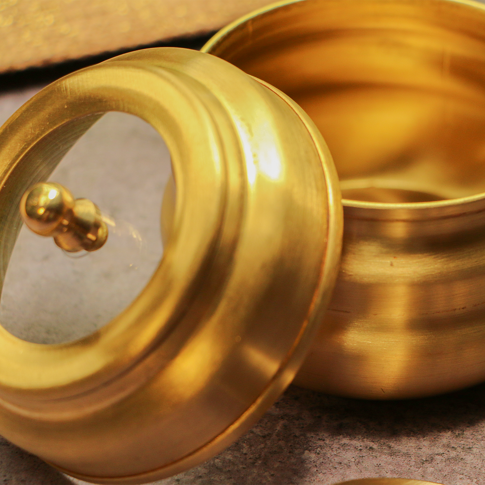 Pure Brass Ghee Pot With Spoon - Gold Finish / Transparent Top