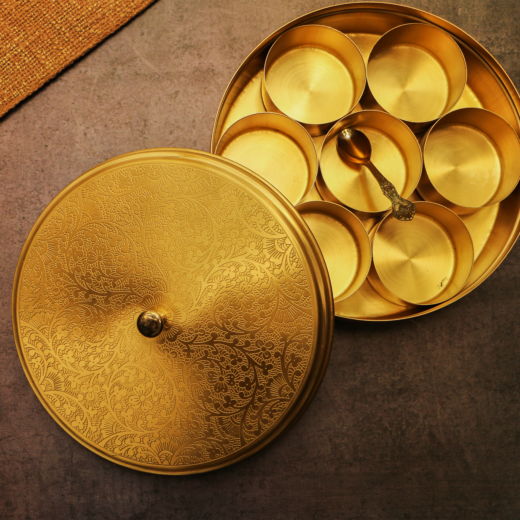Intricately Etched Brass Spice Chest Masala Daani (7 Containers) - Medium