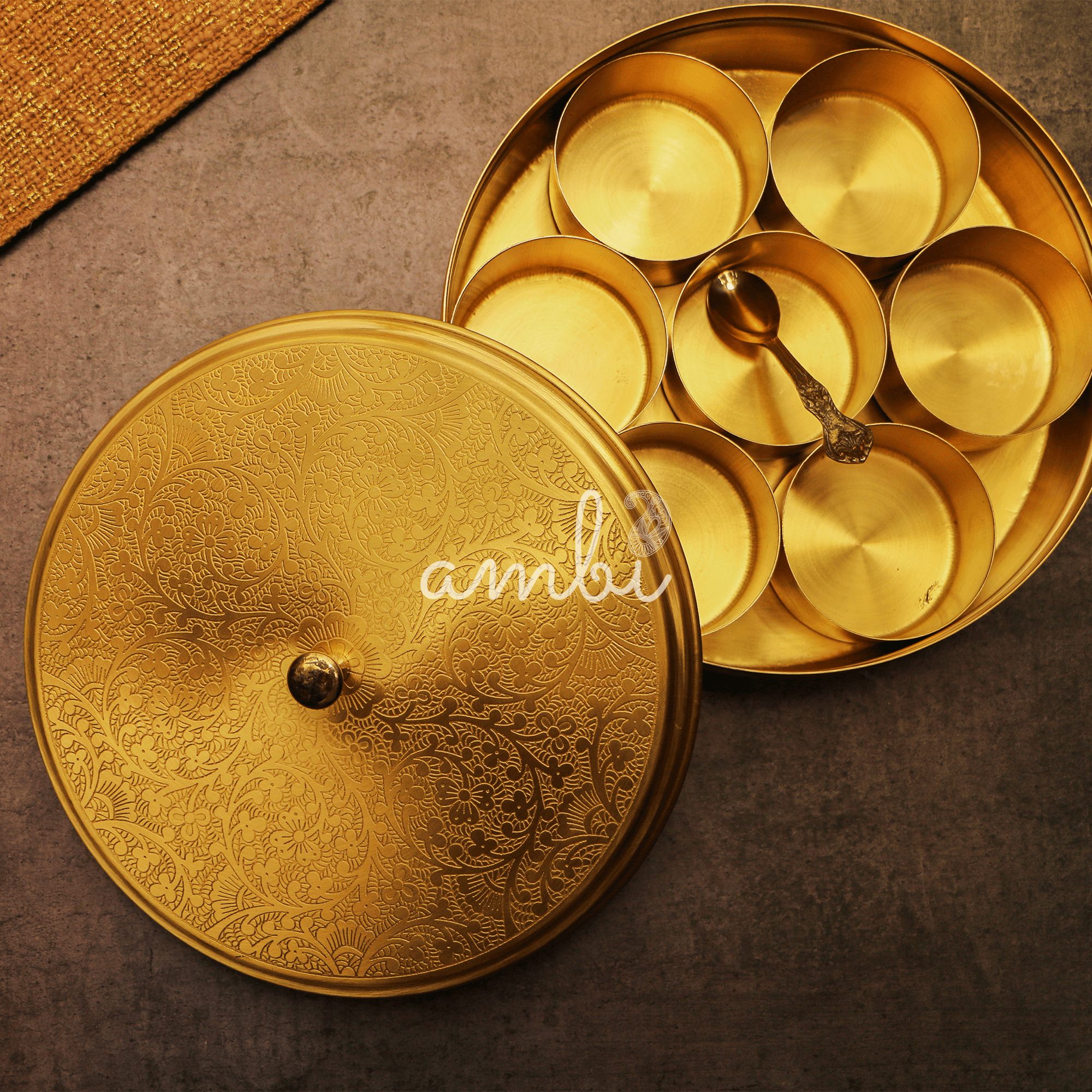 Intricately Etched Brass Spice Chest Masala Daani (7 Containers) - Medium