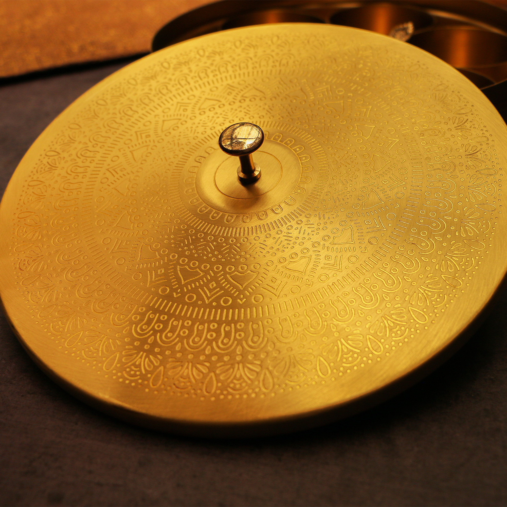 Finely Etched Brass Spice Chest Masala Daani (7 Containers) - Mandala Pattern - 8.3 Inche