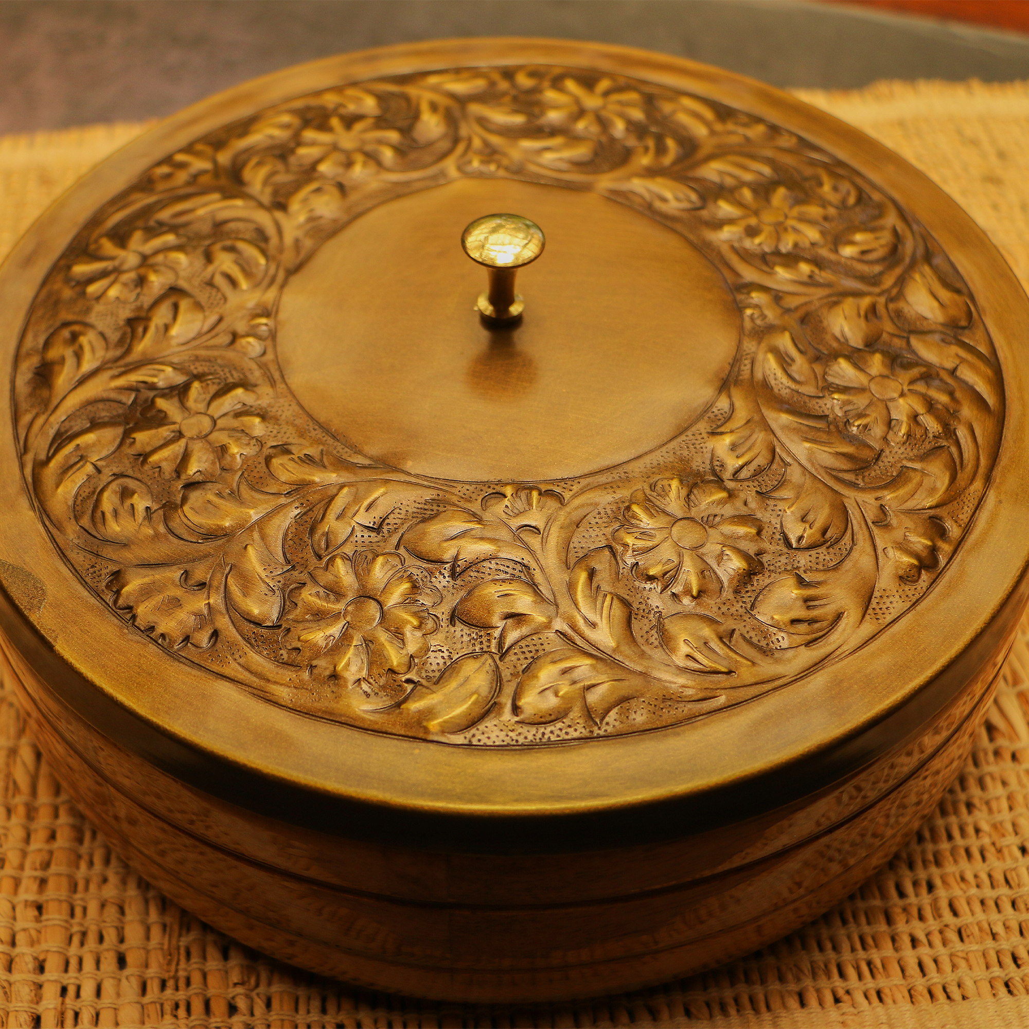 Heavy Brass Work Chapati / Roti Box - 9.5 Inches Diameter with Tongs - Antique Finish