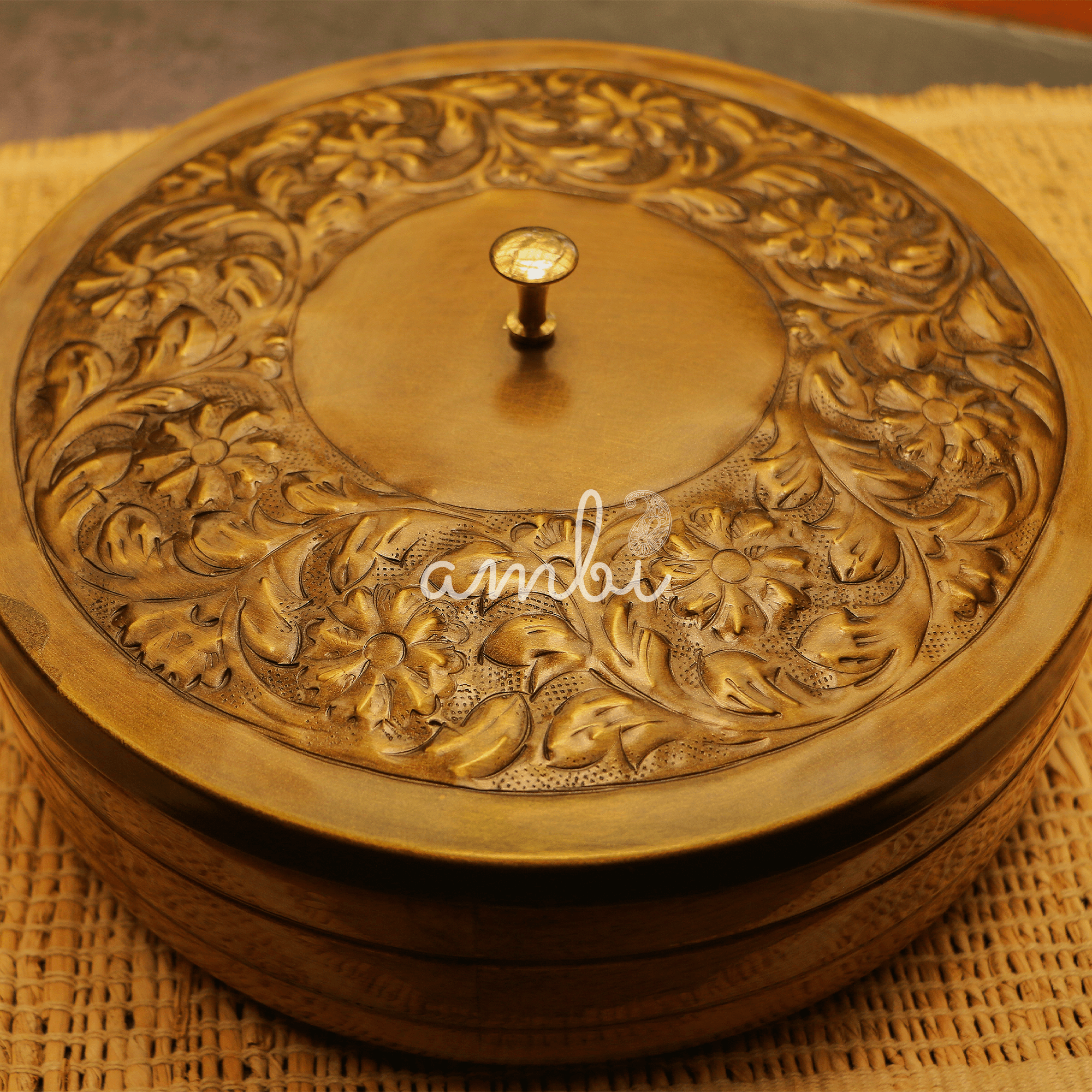 Heavy Brass Work Chapati / Roti Box - 9.5 Inches Diameter with Tongs - Antique Finish