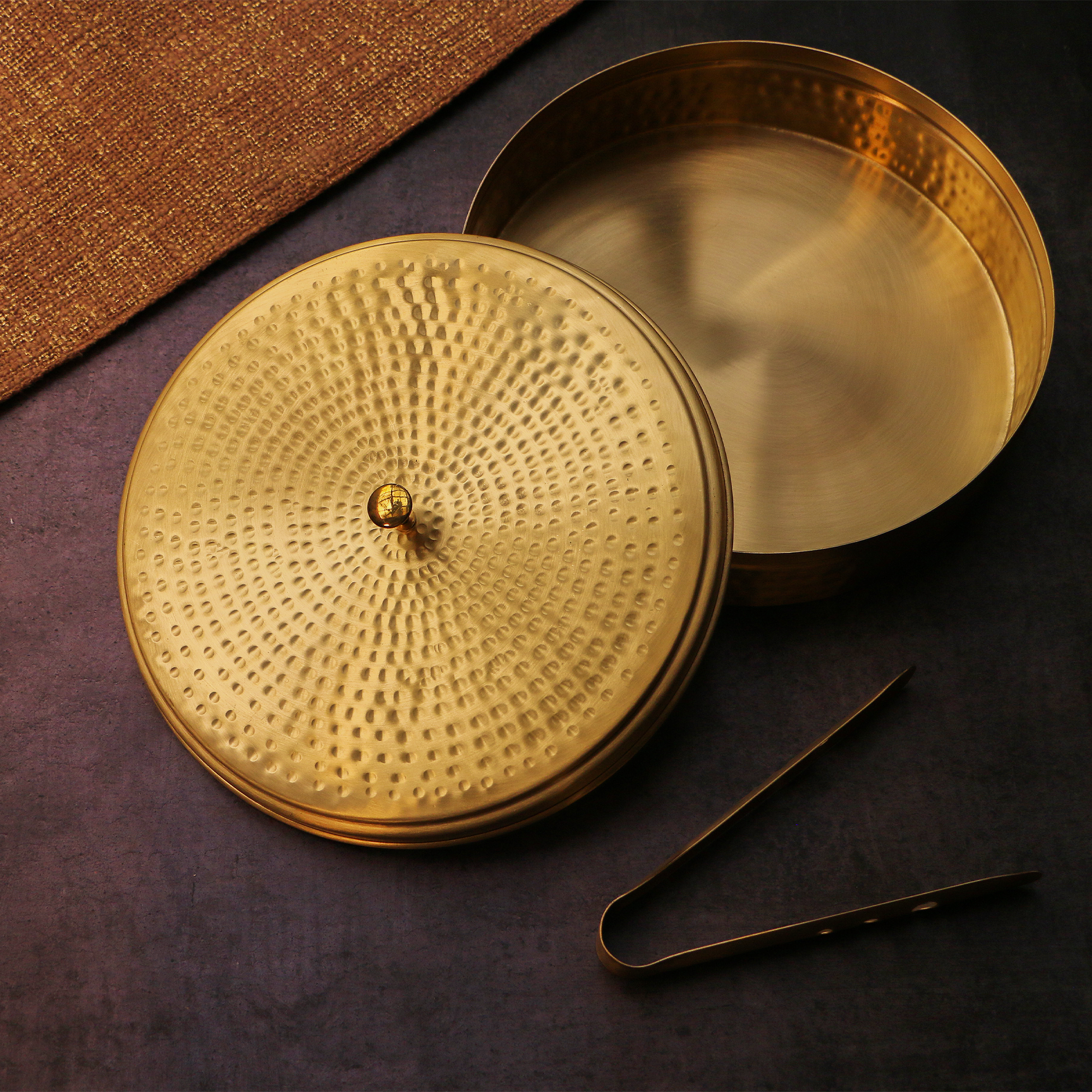 Full Brass Hammered Chapati / Roti Box - 9 Inches Diameter with Tongs