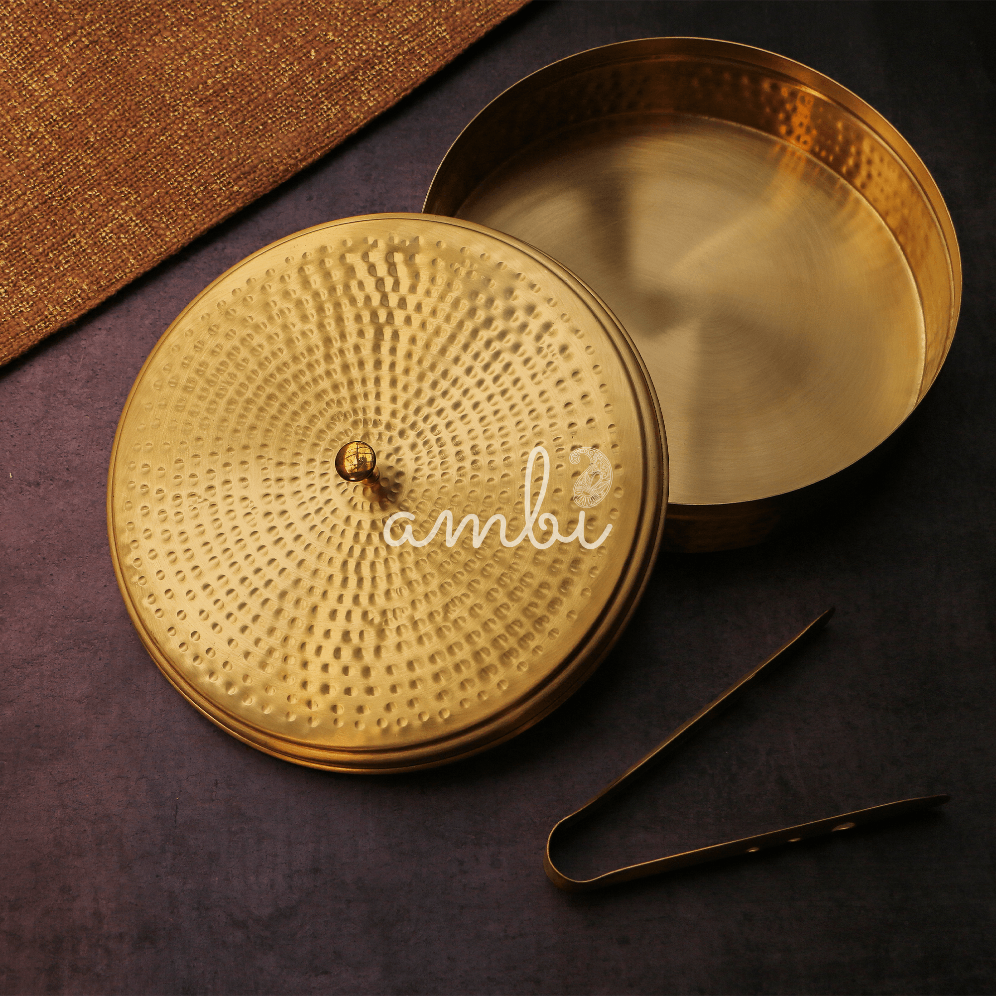 Full Brass Hammered Chapati / Roti Box - 9 Inches Diameter with Tongs