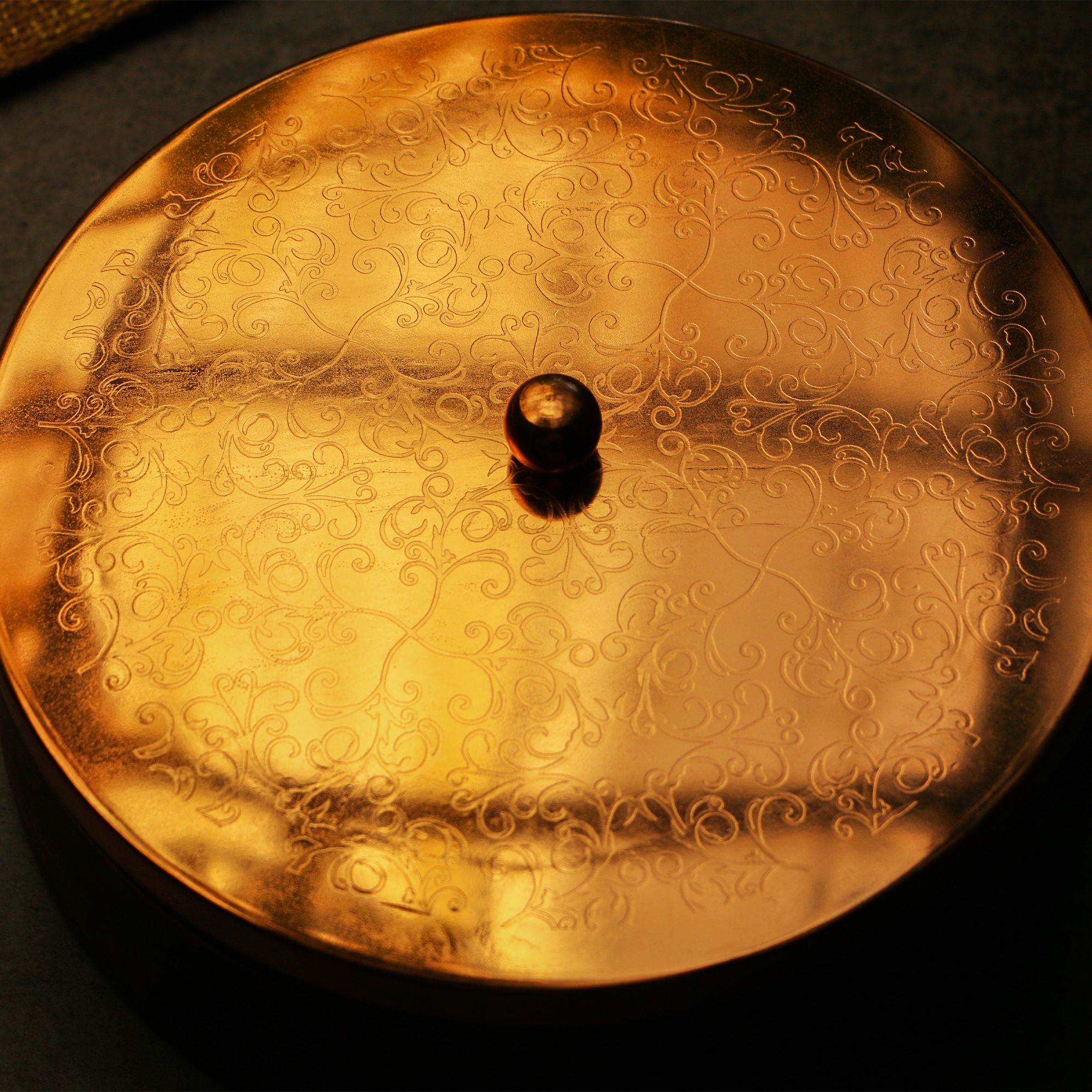 Finely Engraved Chapati / Roti Box - 9 Inches Diameter with Tongs - Copper Shade