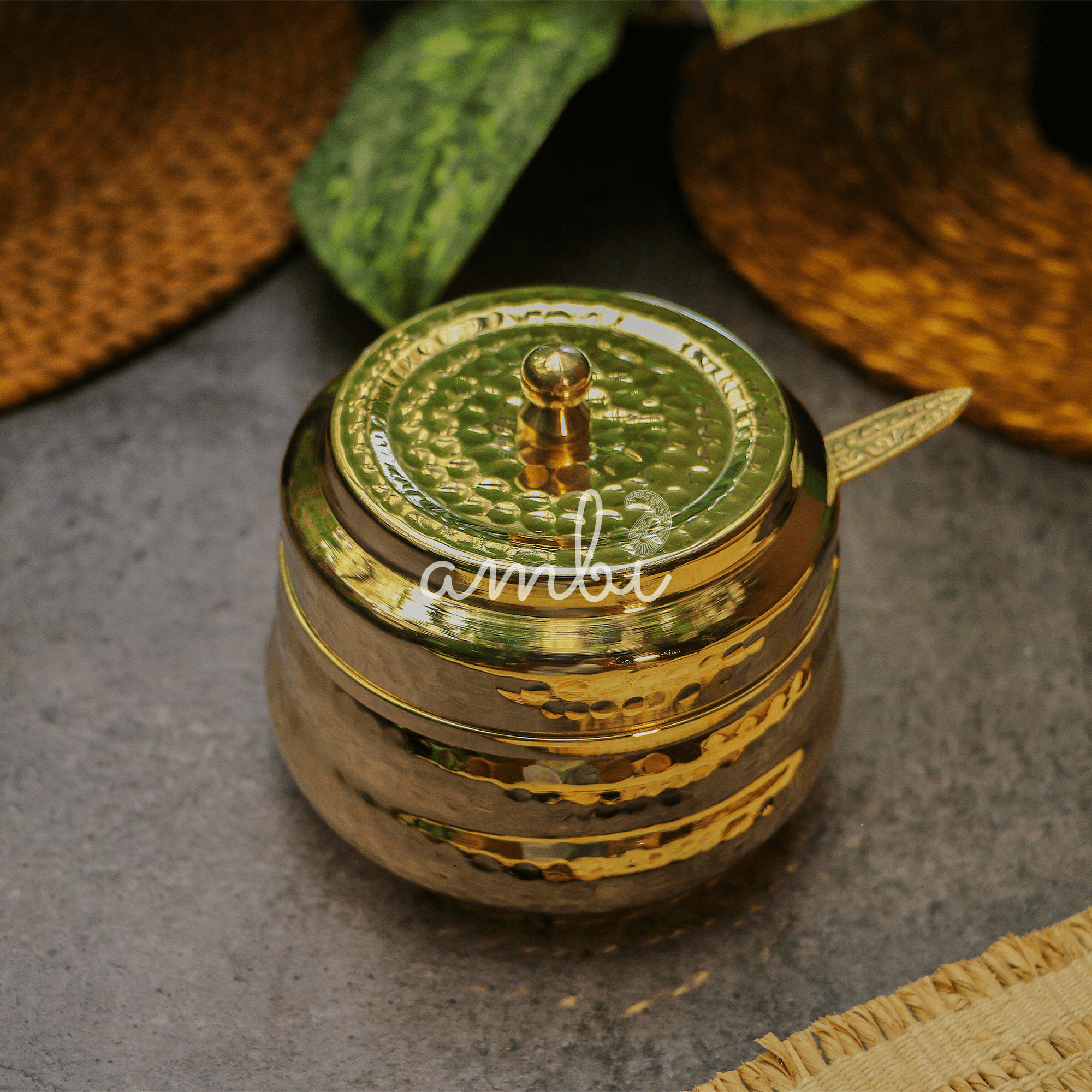 Pure Brass Ghee Pot (Matte) With Spoon - Hammered Gold Finish - Protective Tin Coating Inside - 350 ML