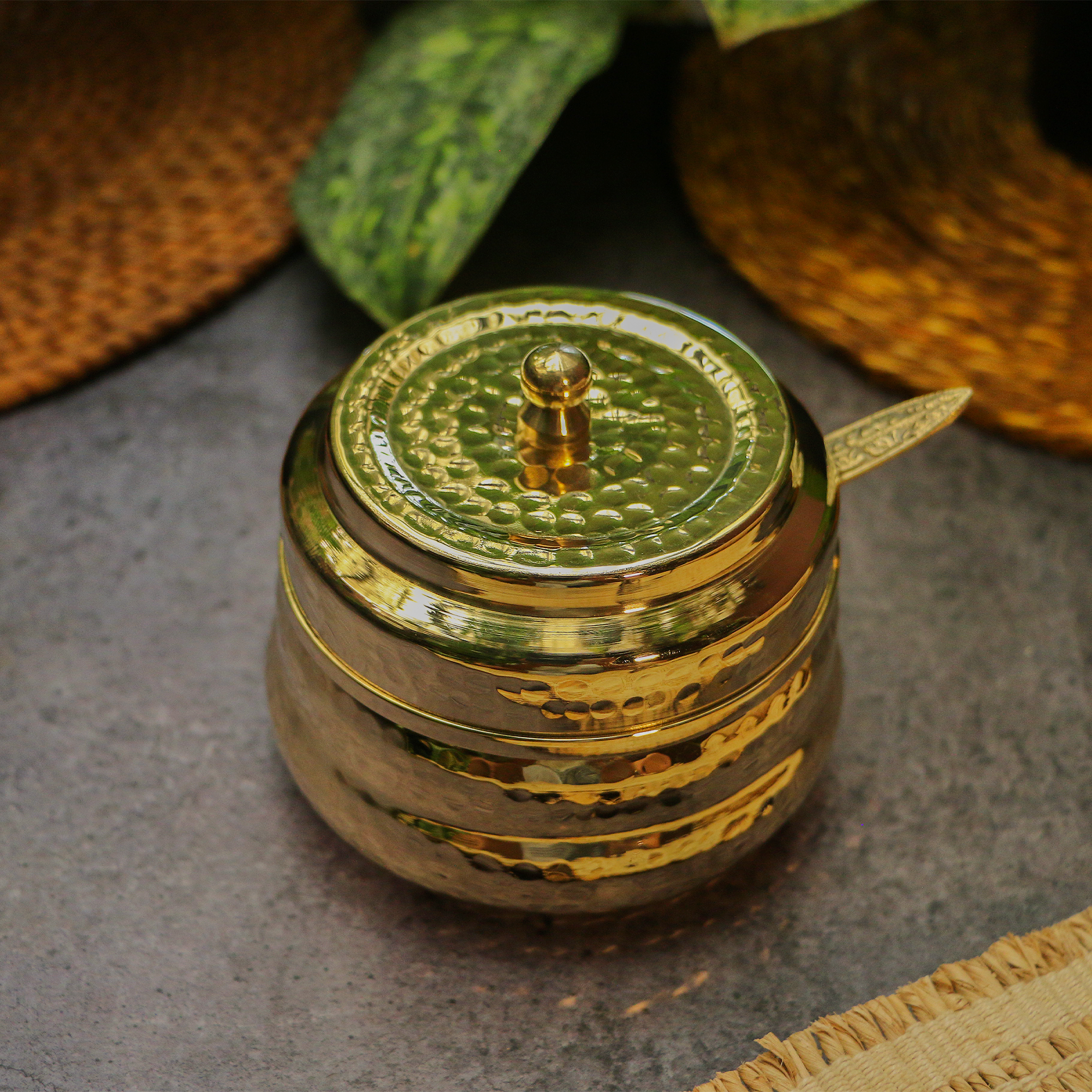 Pure Brass Ghee Pot (Matte) With Spoon - Hammered Gold Finish - Protective Tin Coating Inside - 350 ML