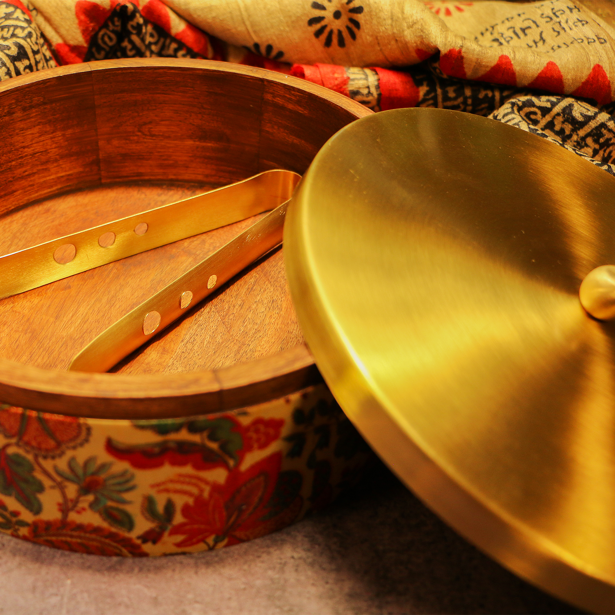 Elegant Brass and Wooden Floral Chapati / Roti Box - 9 Inches Diameter with Tongs