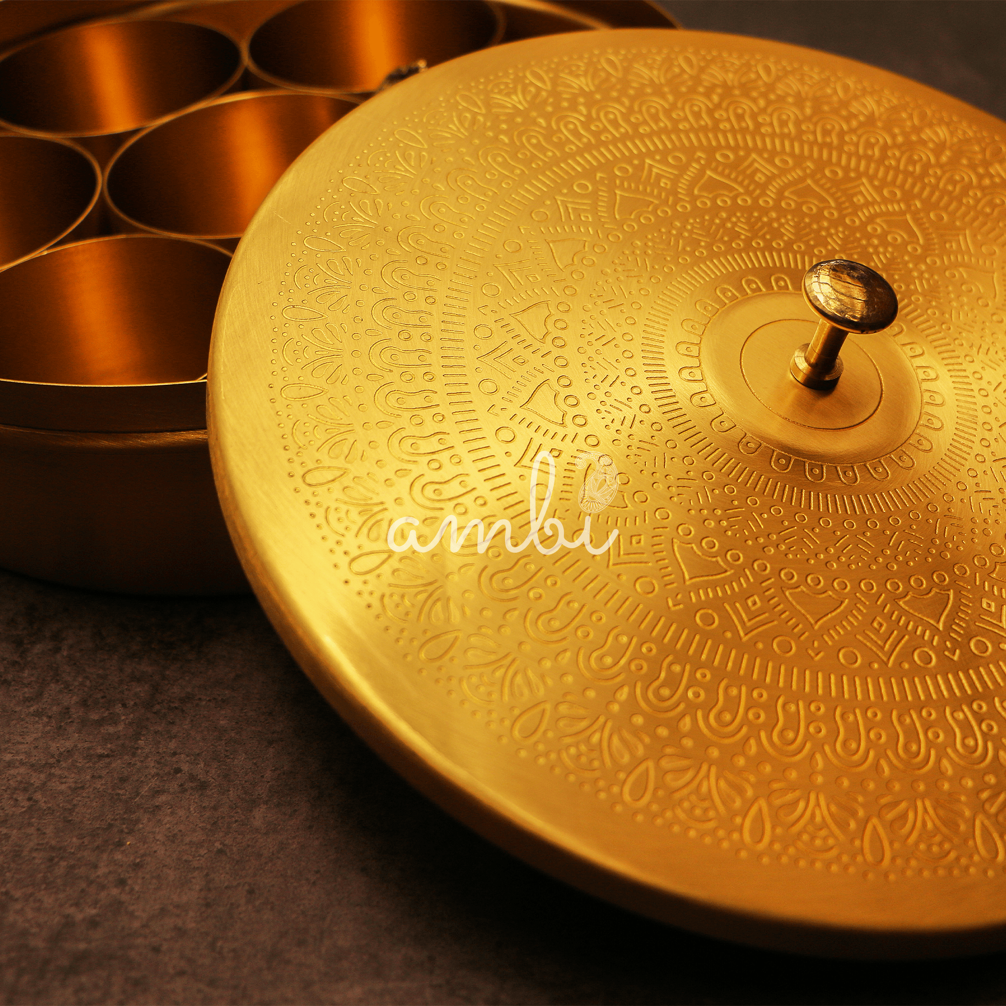 Finely Etched Brass Spice Chest Masala Daani (7 Containers) - Mandala Pattern - 8.3 Inche