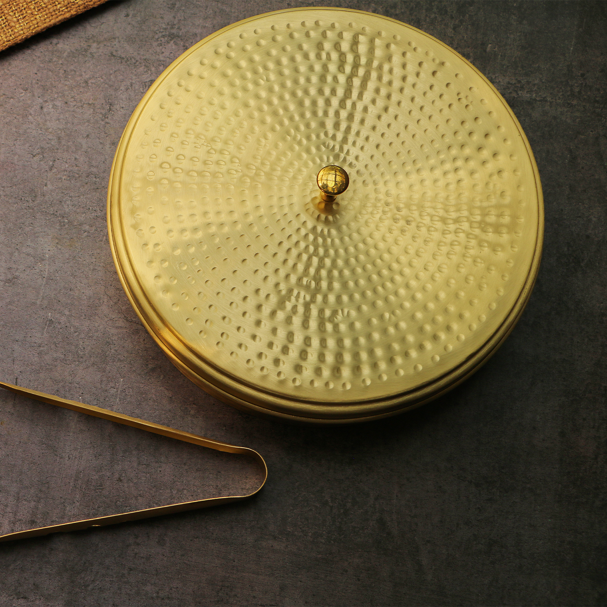 Full Brass Hammered Chapati / Roti Box - 9 Inches Diameter with Tongs