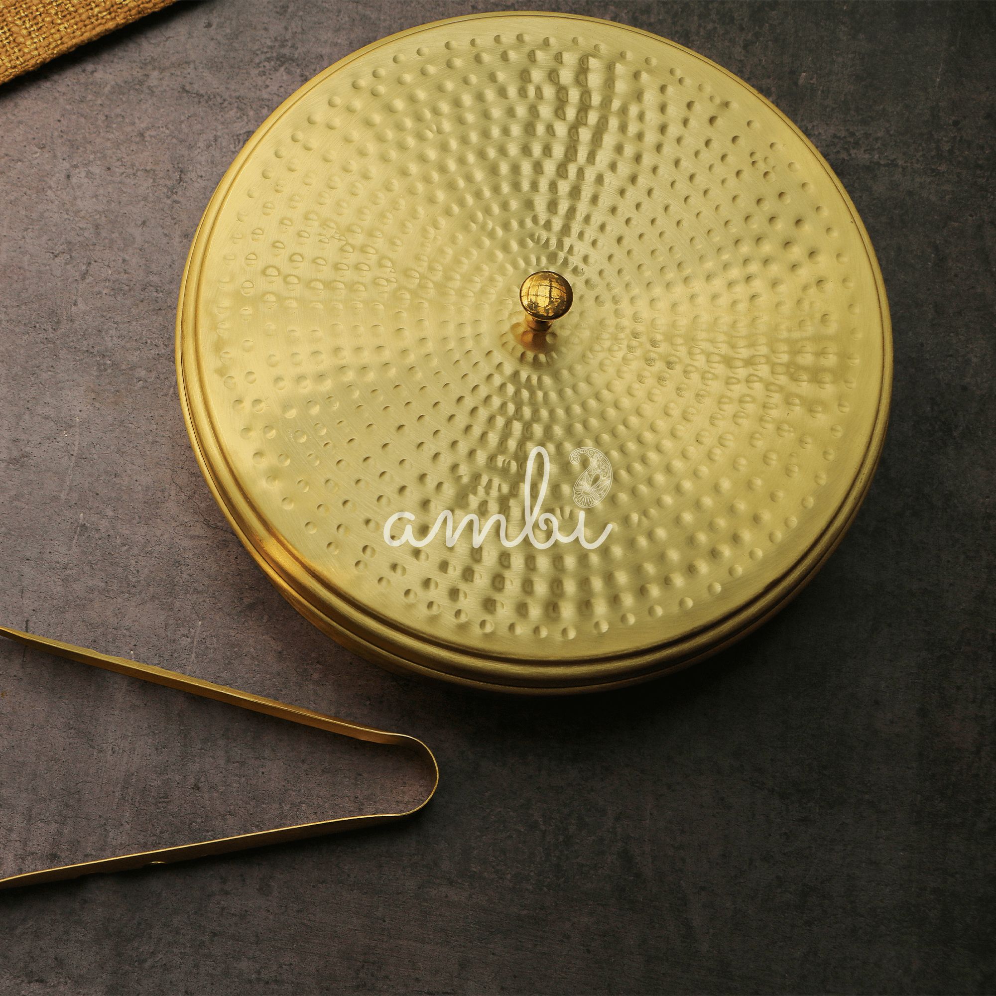 Full Brass Hammered Chapati / Roti Box - 9 Inches Diameter with Tongs