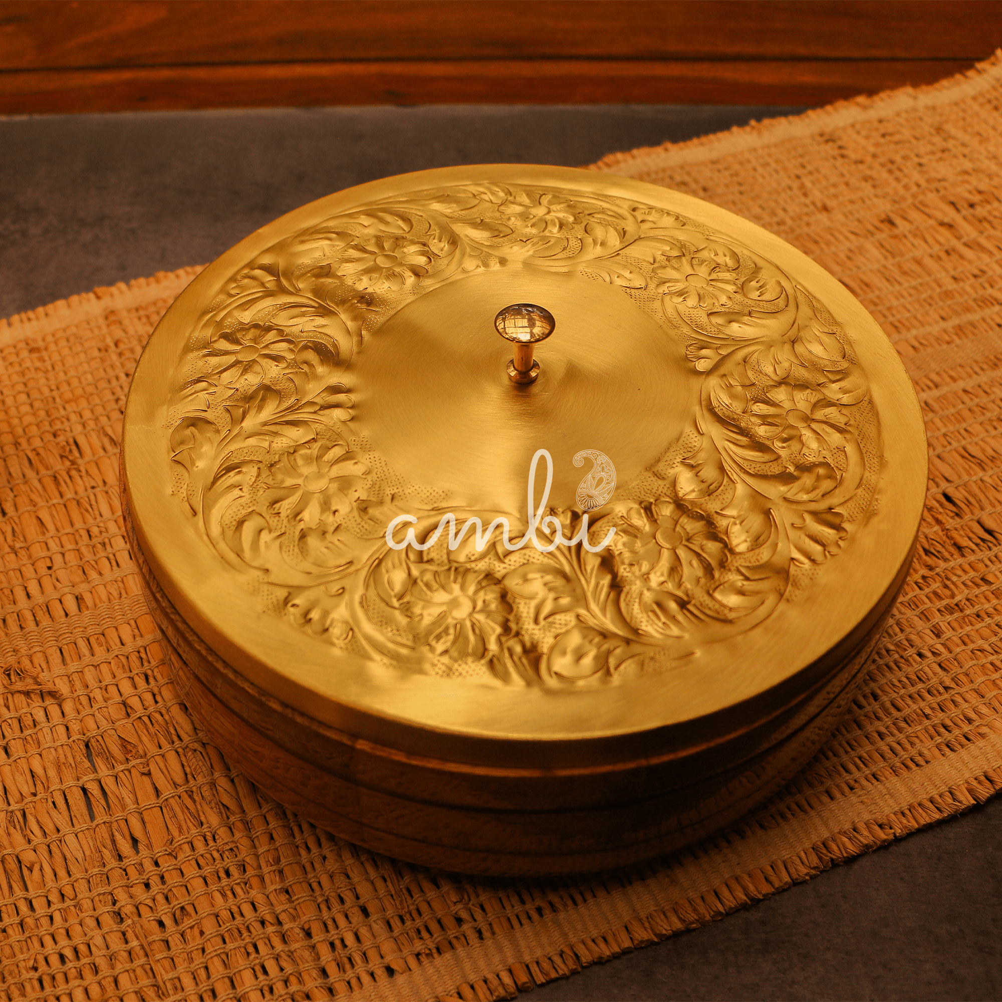 Heavy Brass Work Chapati / Roti Box - 9.5 Inches Diameter with Tongs - Gold Finish