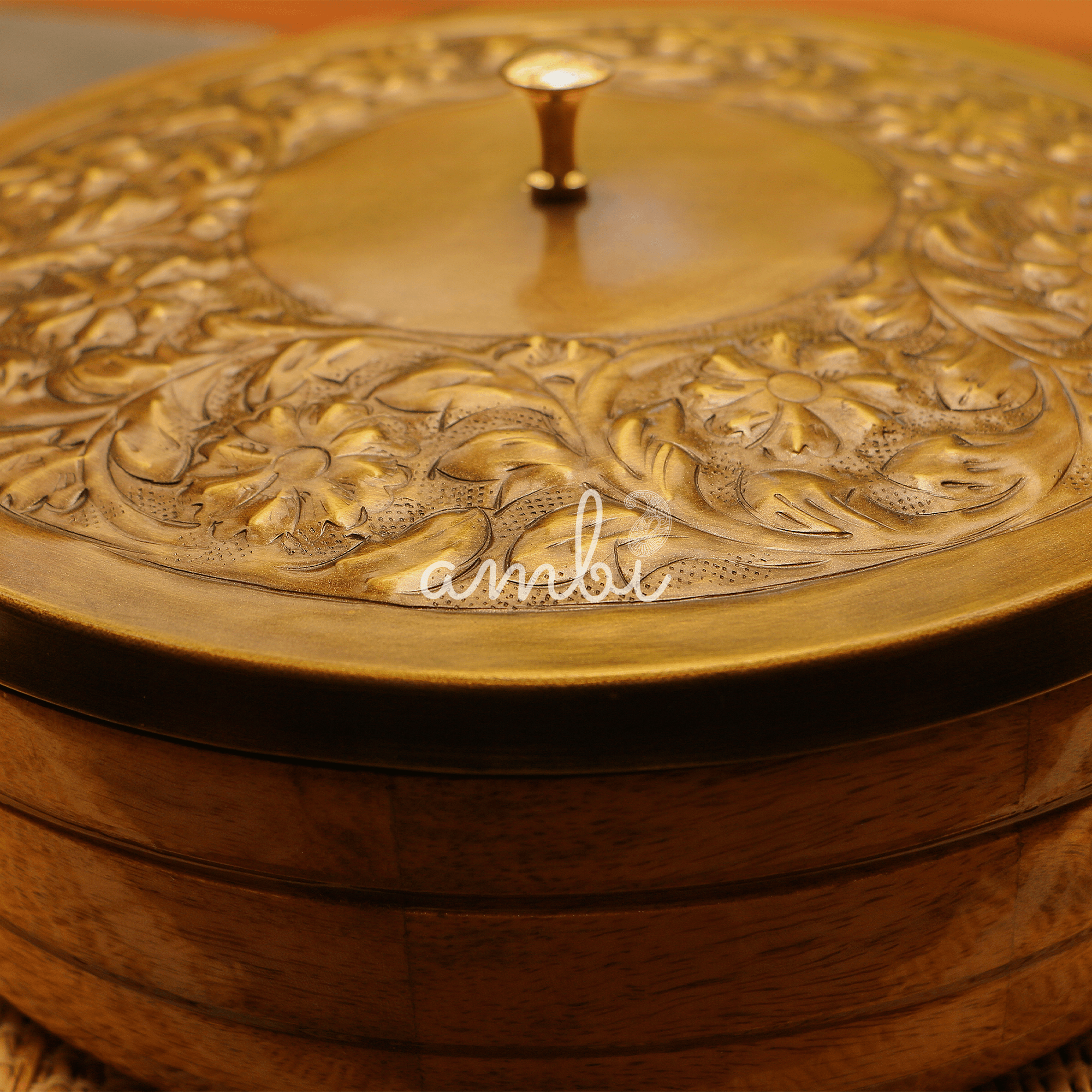 Heavy Brass Work Chapati / Roti Box - 9.5 Inches Diameter with Tongs - Antique Finish