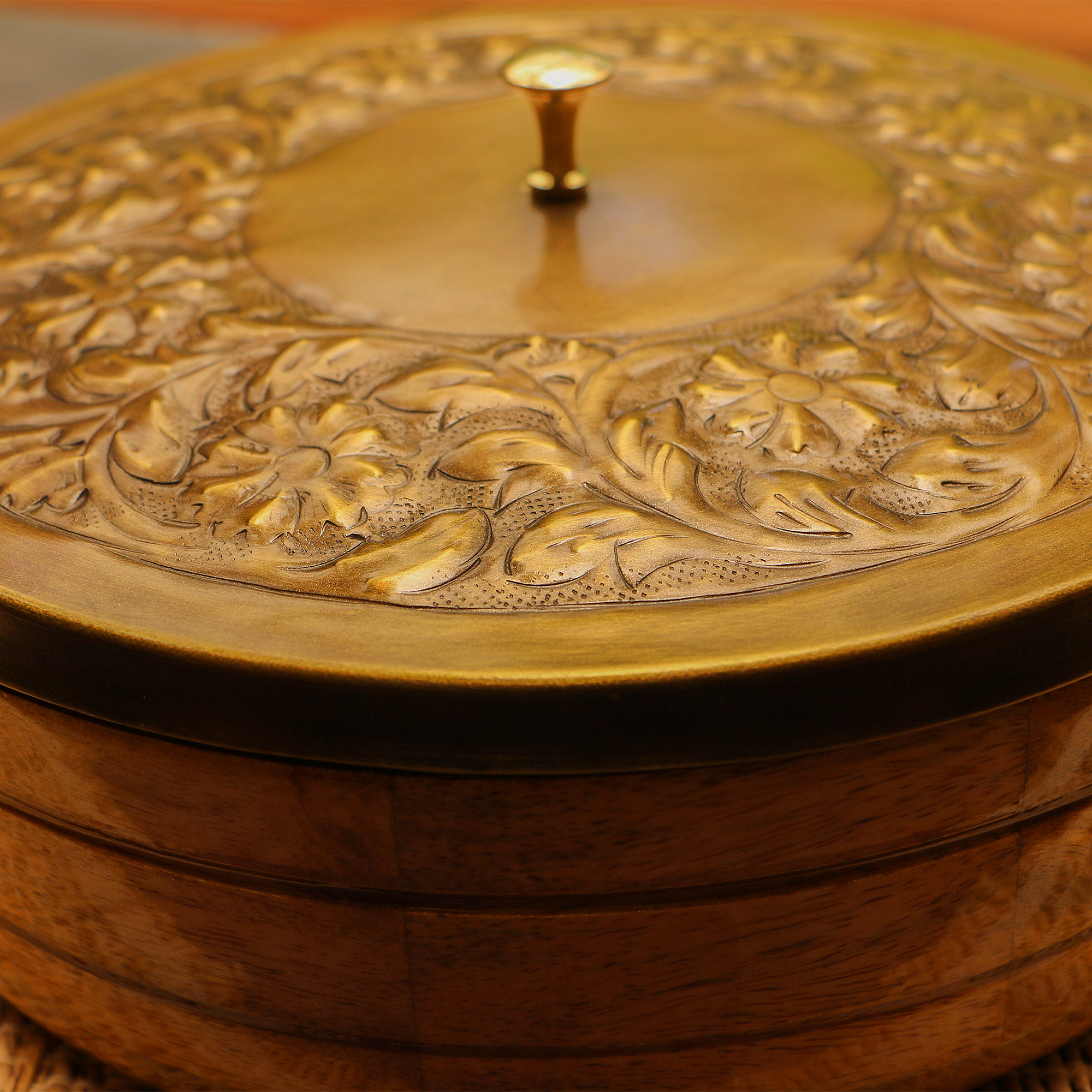 Heavy Brass Work Chapati / Roti Box - 9.5 Inches Diameter with Tongs - Antique Finish