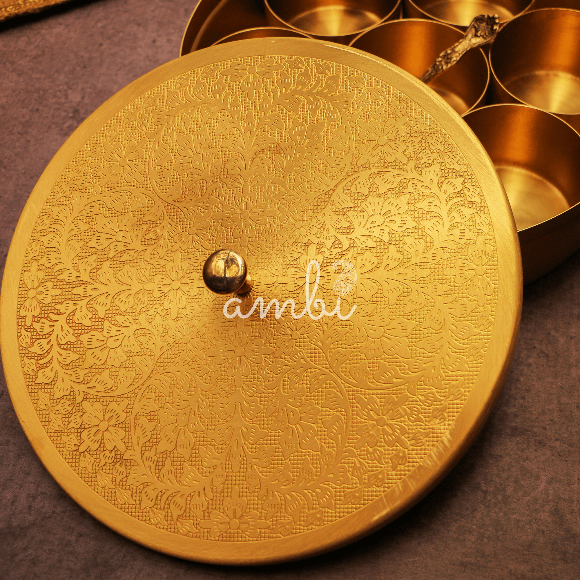 Intricately Etched Brass Spice Chest Masala Daani (7 Containers) - Medium
