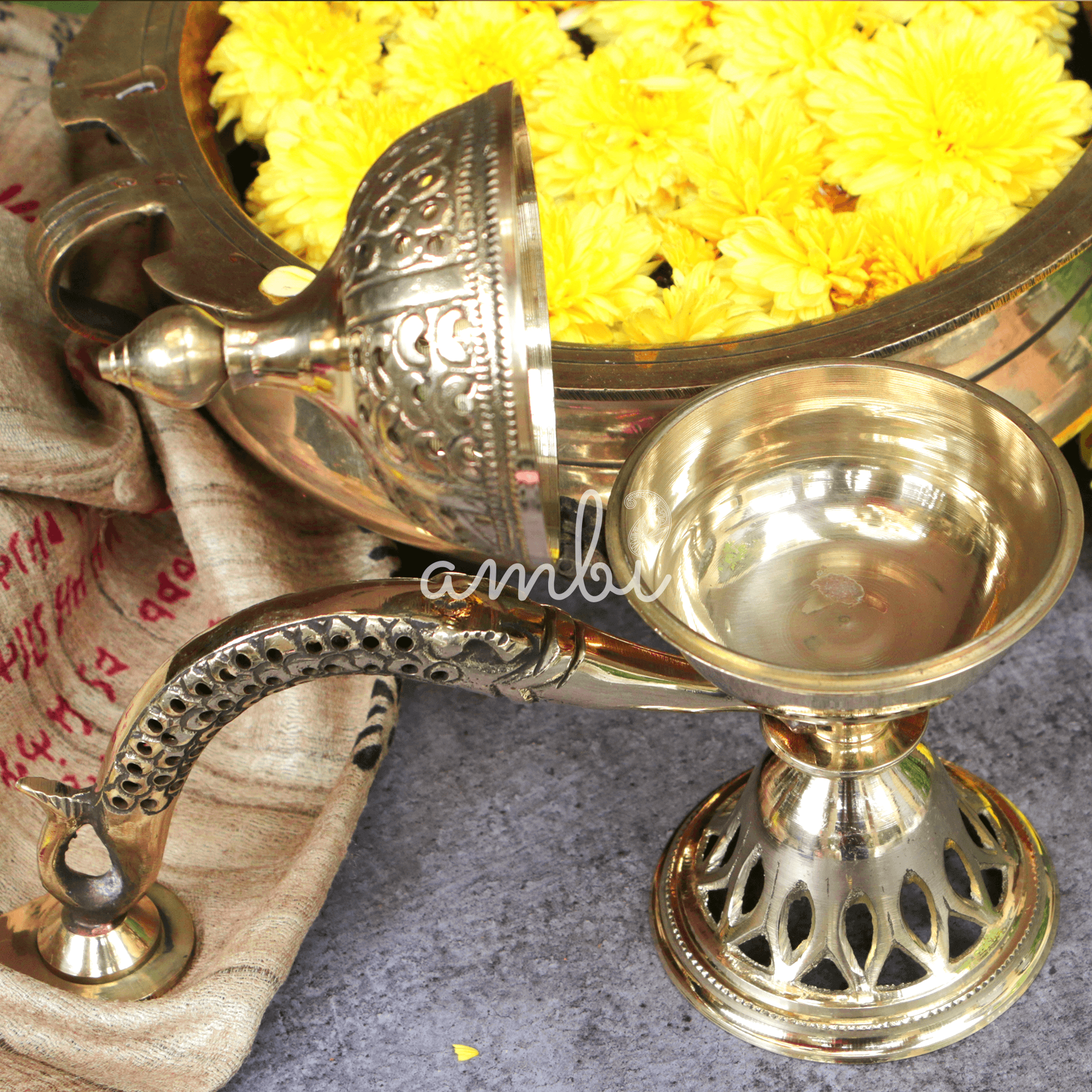 Intricate Brass Dhuni Loban Sambrani Incense Burner with Long Handle - A Masterpiece