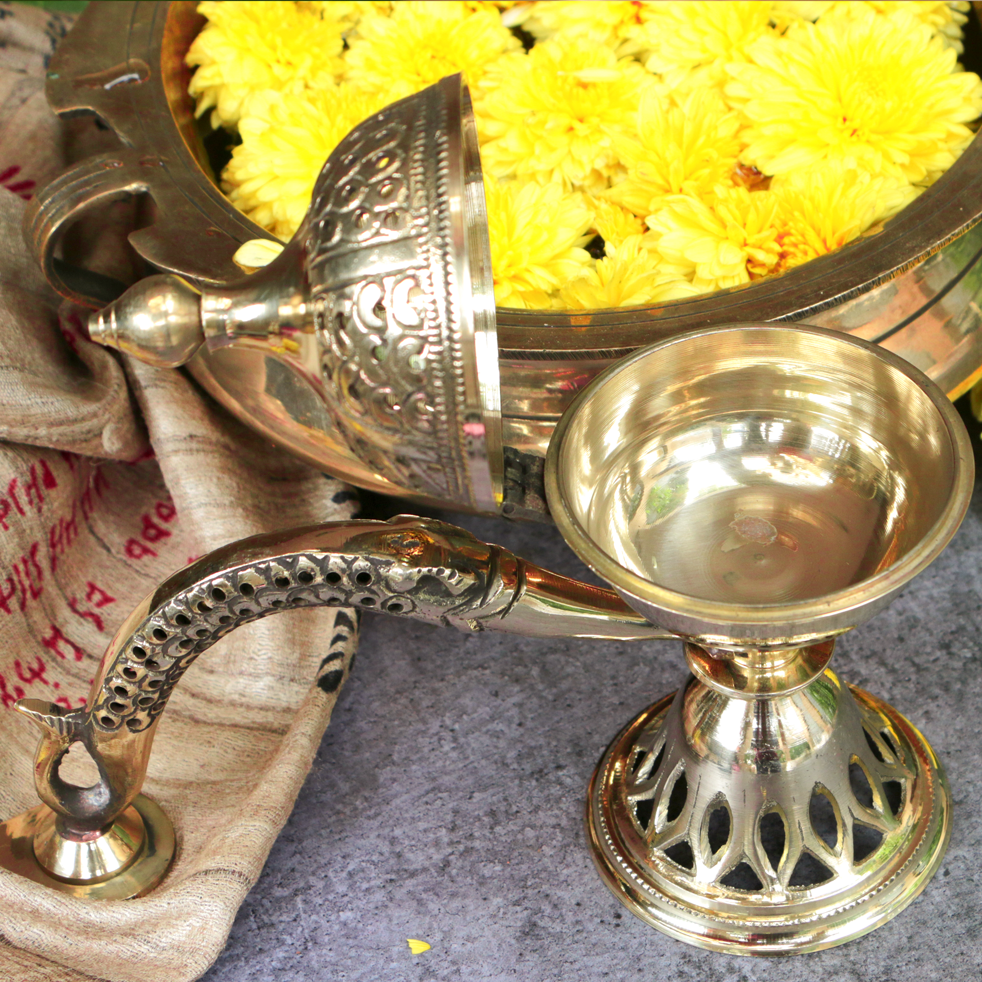 Intricate Brass Dhuni Loban Sambrani Incense Burner with Long Handle - A Masterpiece
