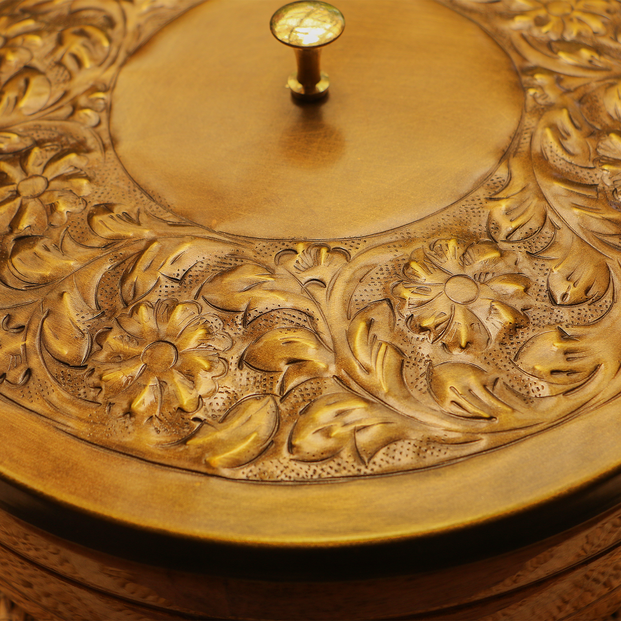 Heavy Brass Work Chapati / Roti Box - 9.5 Inches Diameter with Tongs - Antique Finish