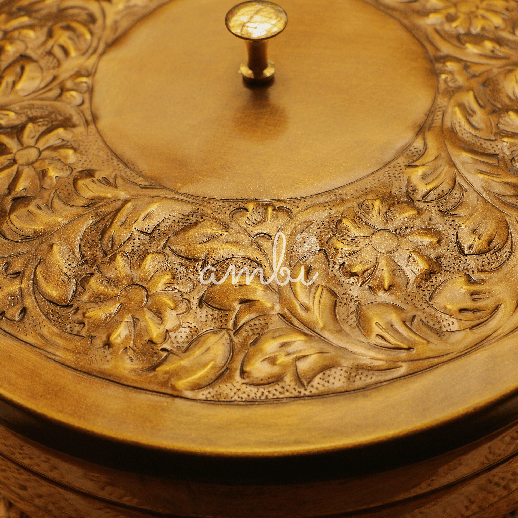 Heavy Brass Work Chapati / Roti Box - 9.5 Inches Diameter with Tongs - Antique Finish