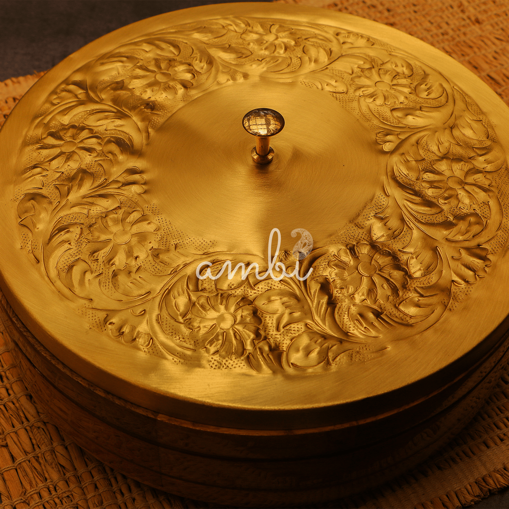 Heavy Brass Work Chapati / Roti Box - 9.5 Inches Diameter with Tongs - Gold Finish