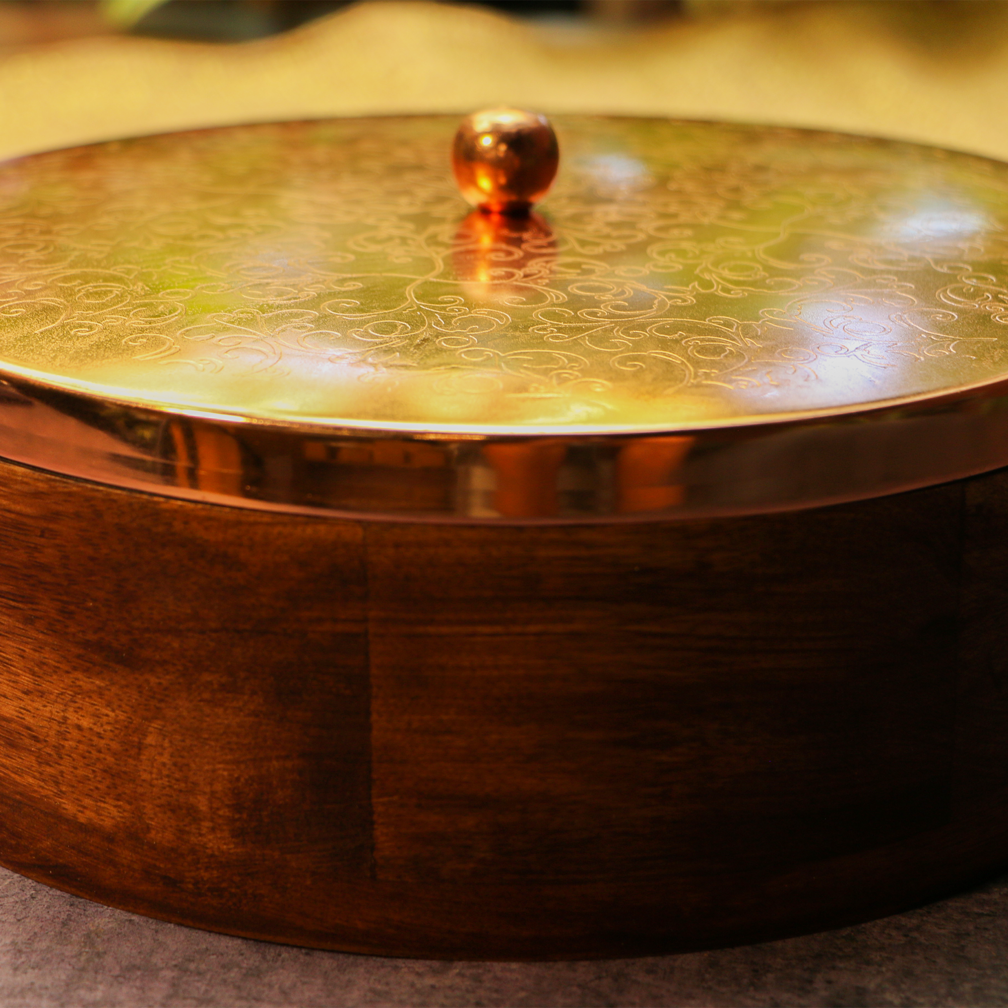 Finely Engraved Chapati / Roti Box - 9 Inches Diameter with Tongs - Copper Shade