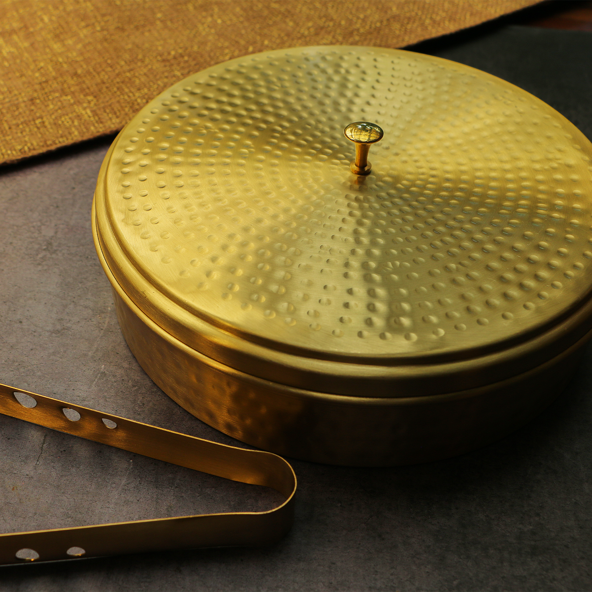 Full Brass Hammered Chapati / Roti Box - 9 Inches Diameter with Tongs