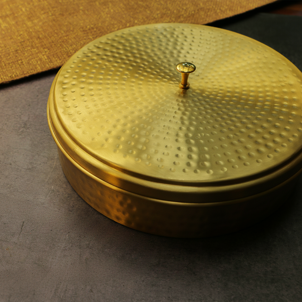 Full Brass Hammered Chapati / Roti Box - 8 Inches Diameter