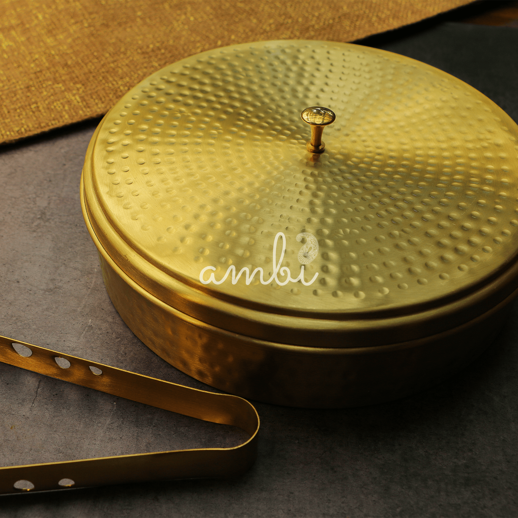 Full Brass Hammered Chapati / Roti Box - 9 Inches Diameter with Tongs